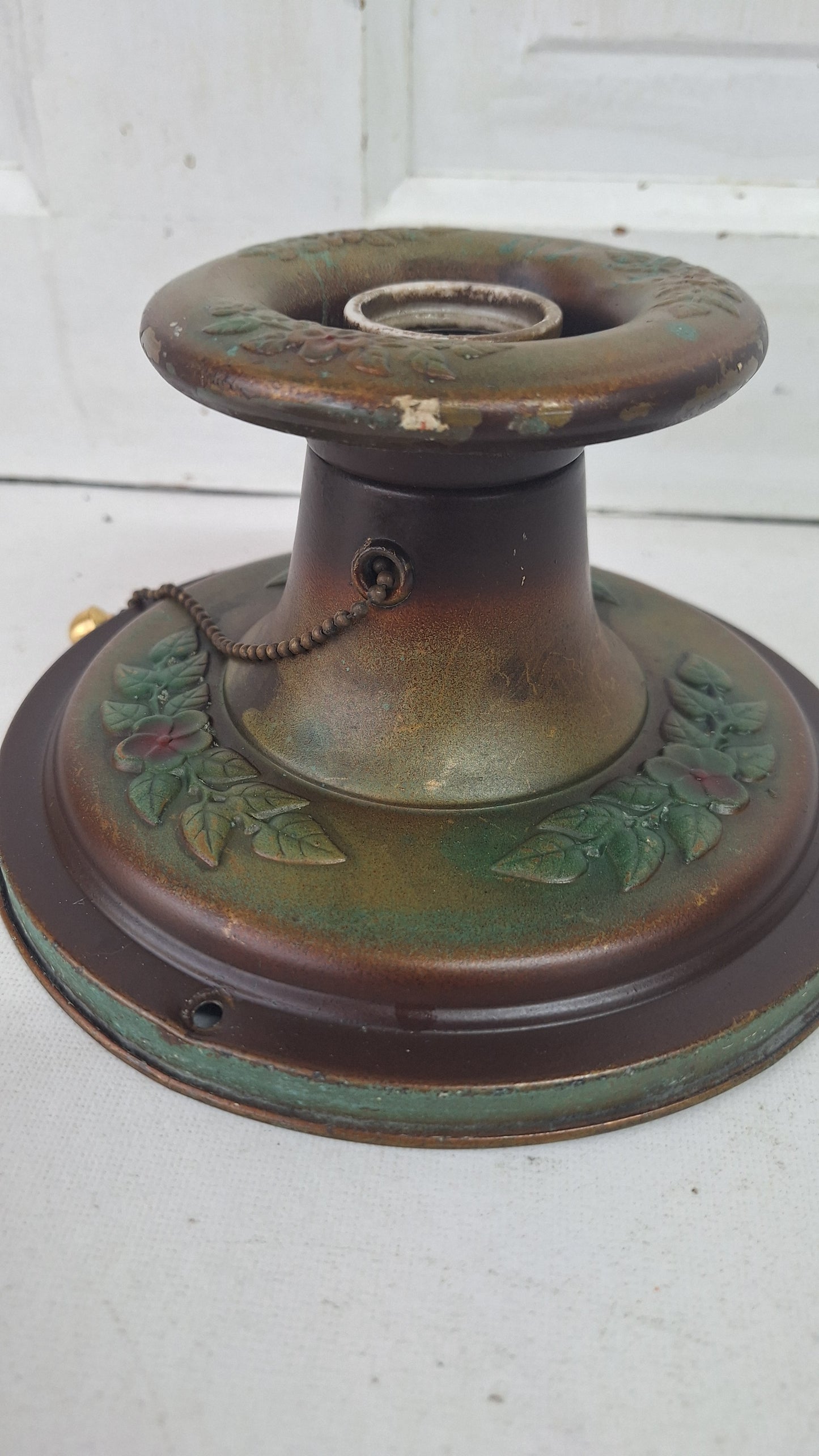 Stamped Brass Flush Mount Light: Rewired Antique Fixture with Rose Detailing