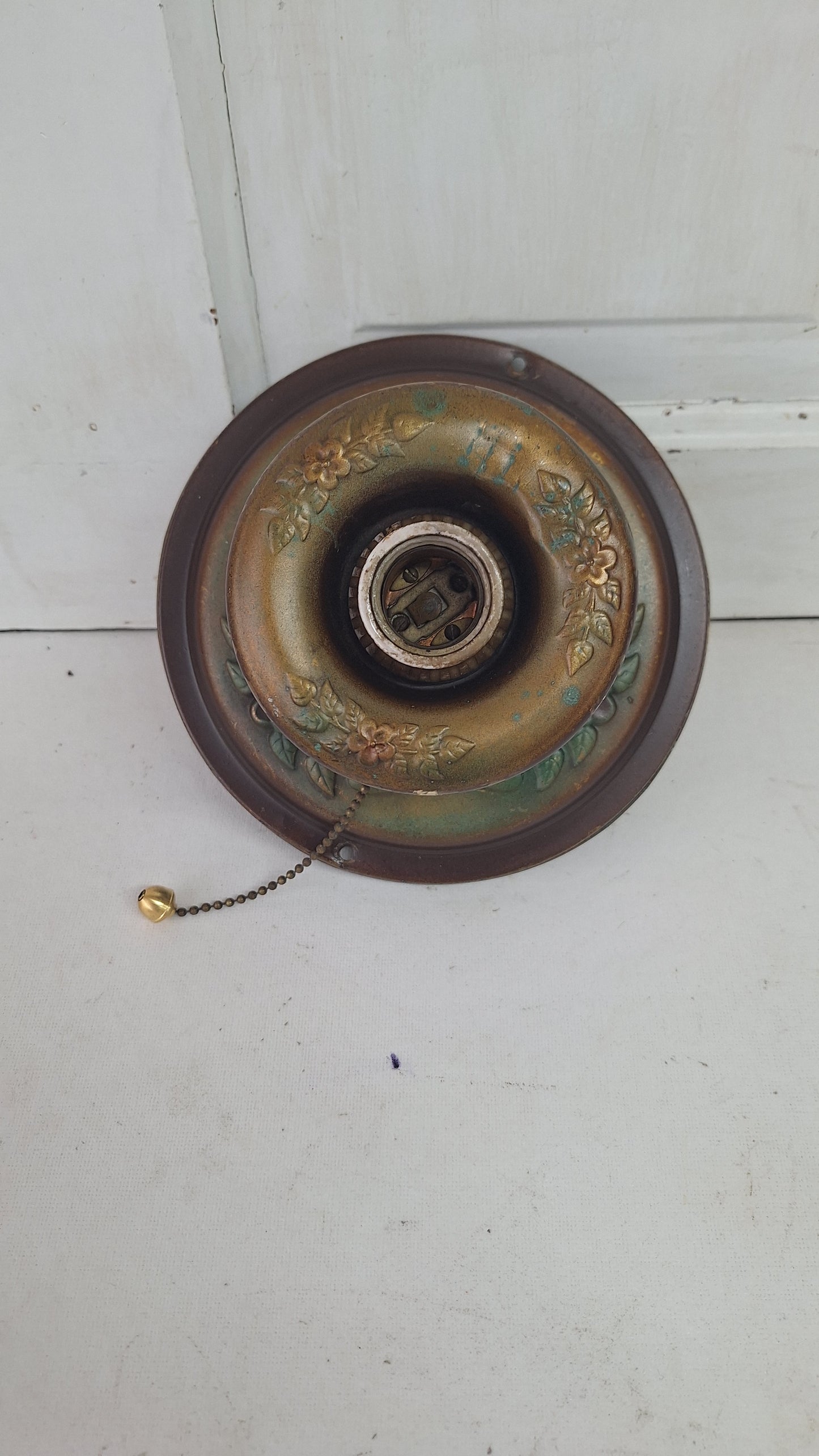 Stamped Brass Flush Mount Light: Rewired Antique Fixture with Rose Detailing