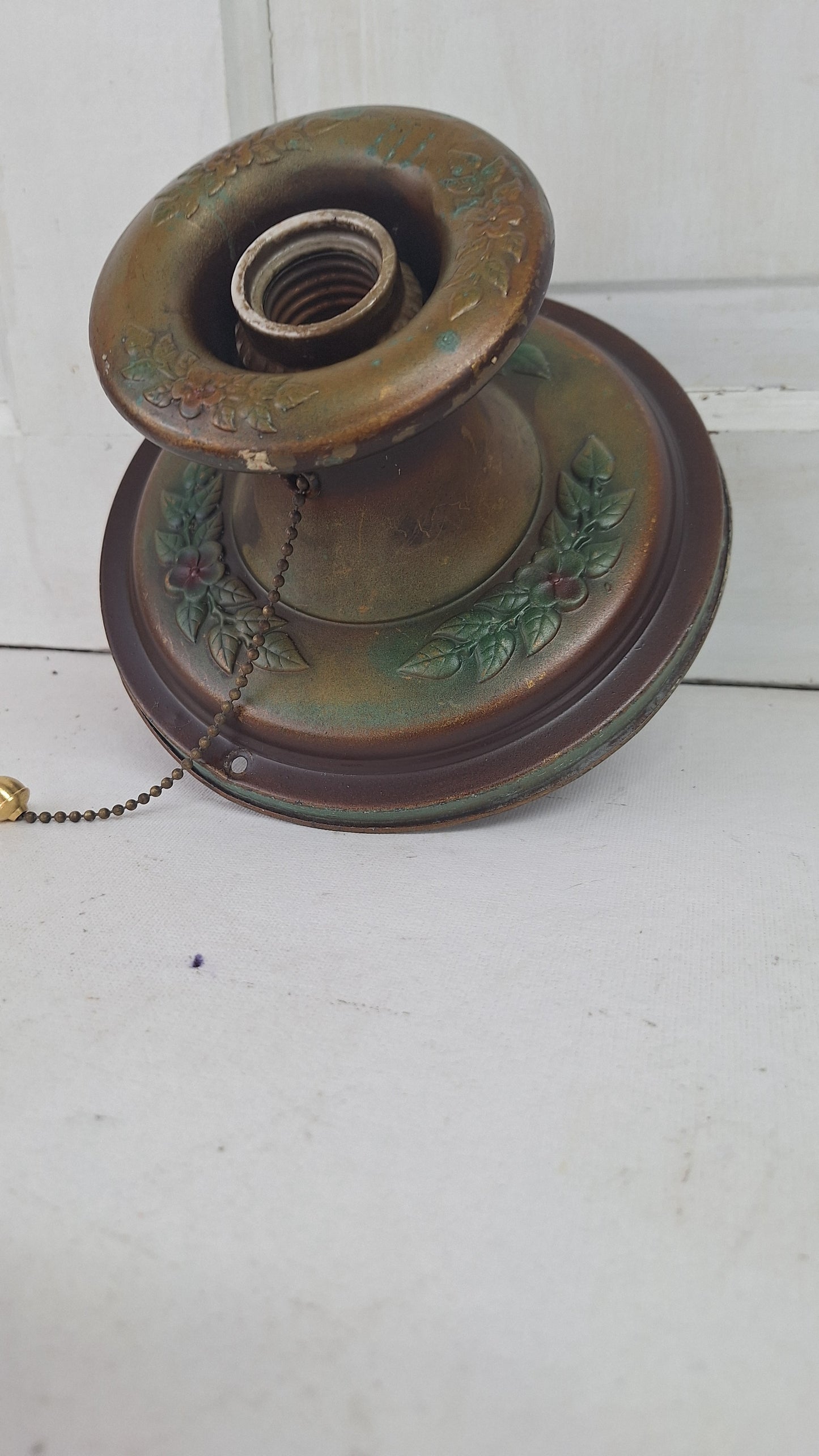 Stamped Brass Flush Mount Light: Rewired Antique Fixture with Rose Detailing