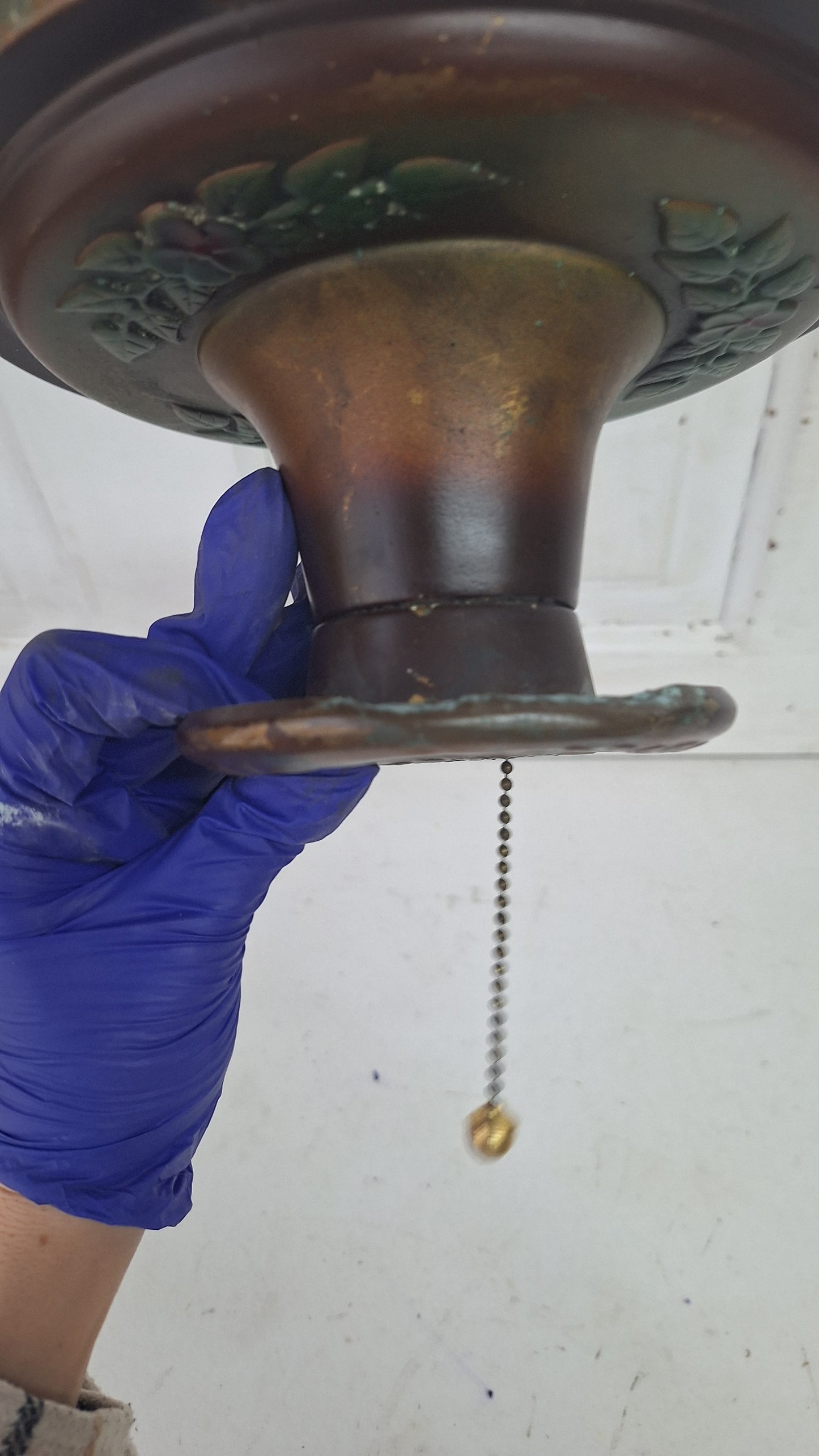 Stamped Brass Flush Mount Light: Rewired Antique Fixture with Rose Detailing