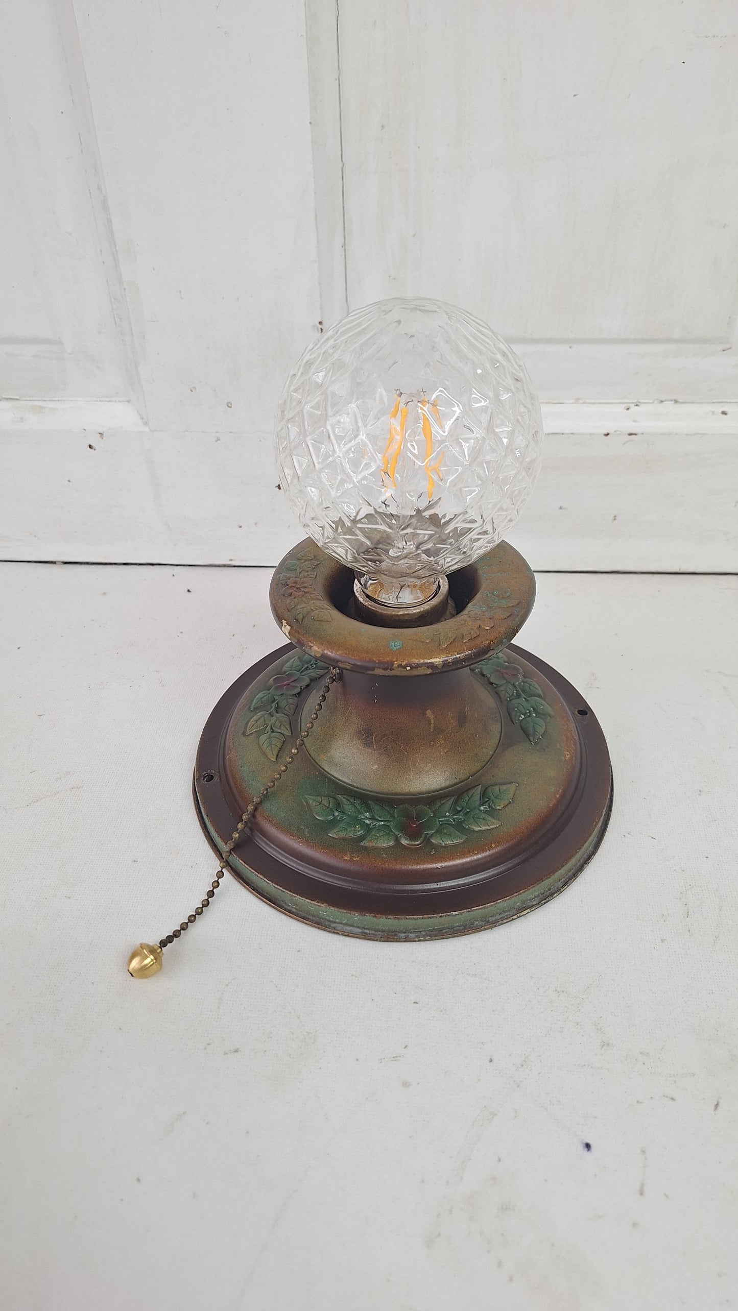 Stamped Brass Flush Mount Light: Rewired Antique Fixture with Rose Detailing