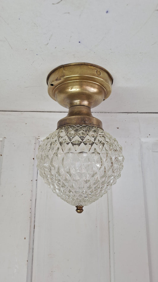 Vintage MCM Faceted Glass Globe Pendant Light, Mid Century Faceted Glass Light