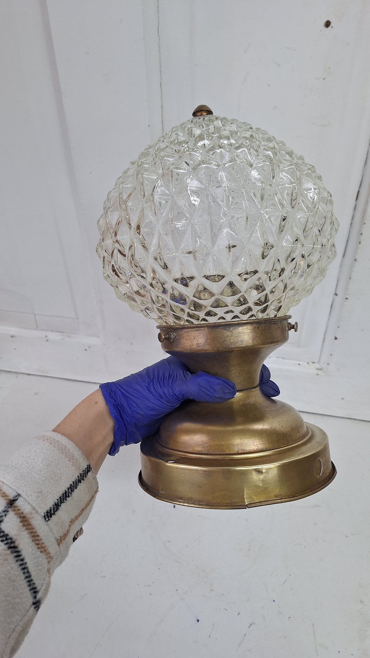 Vintage MCM Faceted Glass Globe Pendant Light, Mid Century Faceted Glass Light