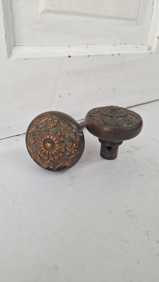 Parthenon Pattern Antique Bronze Doorknobs, Sixfold Floral Design Door Knob Pair