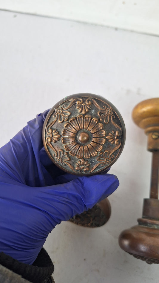 Parthenon Pattern Antique Bronze Doorknobs, Sixfold Floral Design Door Knob Pair