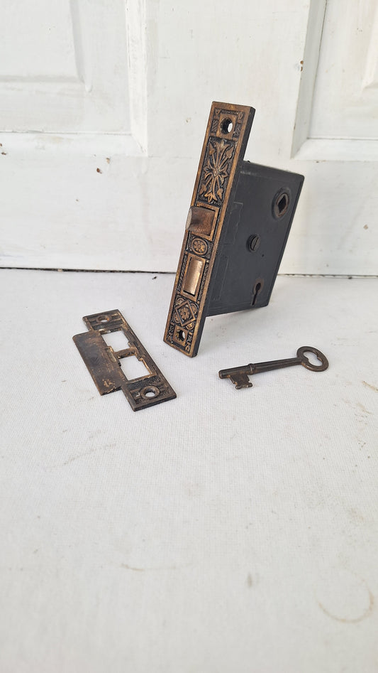 Antique Fancy Bronze Mortise Lock with Skeleton Key: Working Door Lock