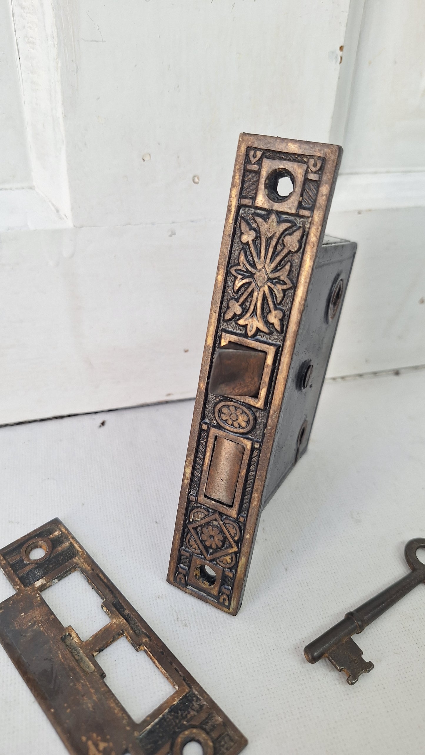 Antique Fancy Bronze Mortise Lock with Skeleton Key: Working Door Lock