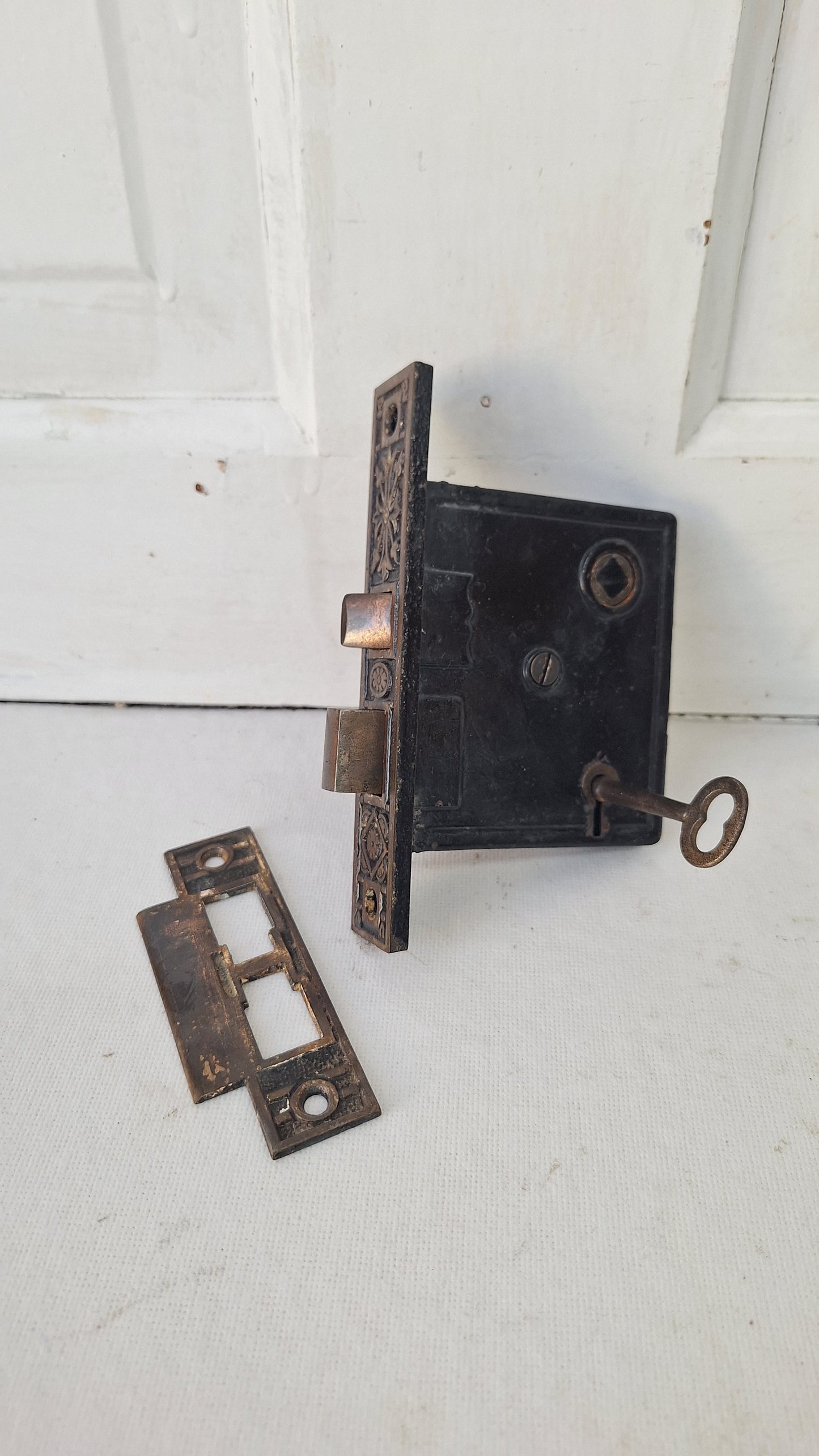 Antique Fancy Bronze Mortise Lock with Skeleton Key: Working Door Lock