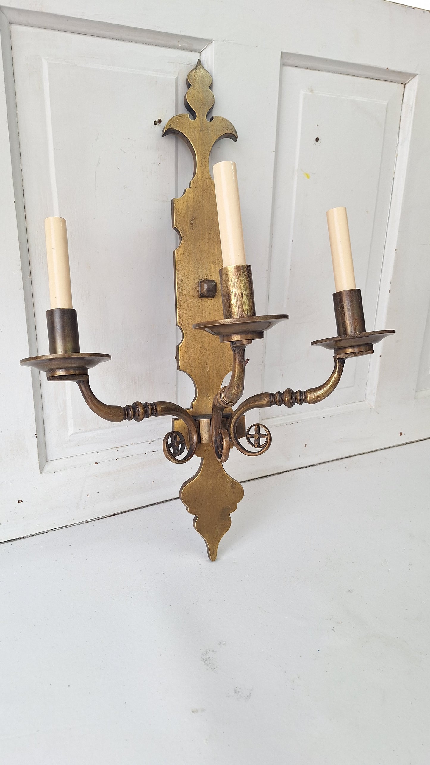 Vintage Brass Large Wall Sconce: Three-Arm Mid Century Light