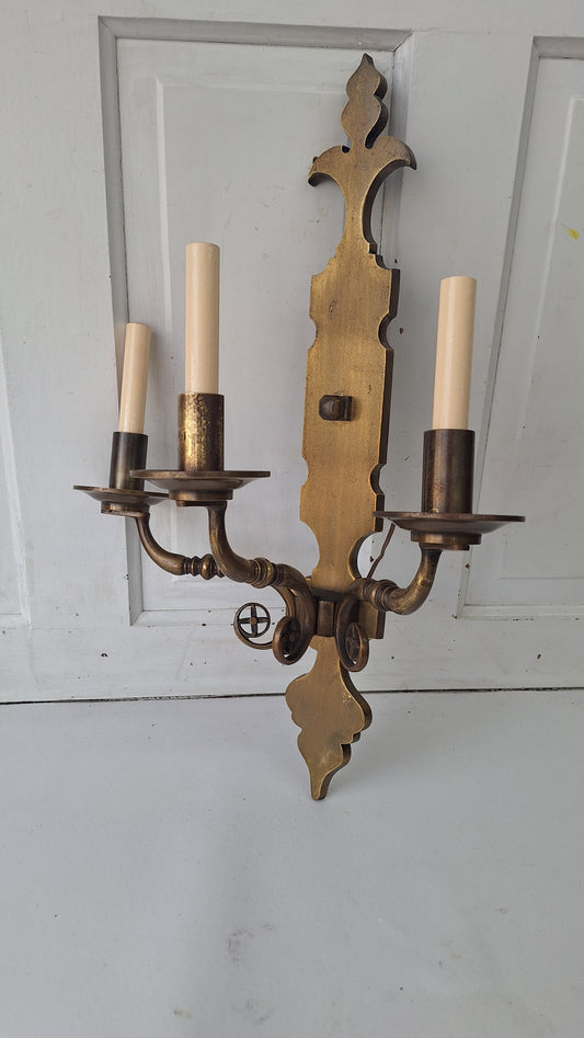 Vintage Brass Large Wall Sconce: Three-Arm Mid Century Light