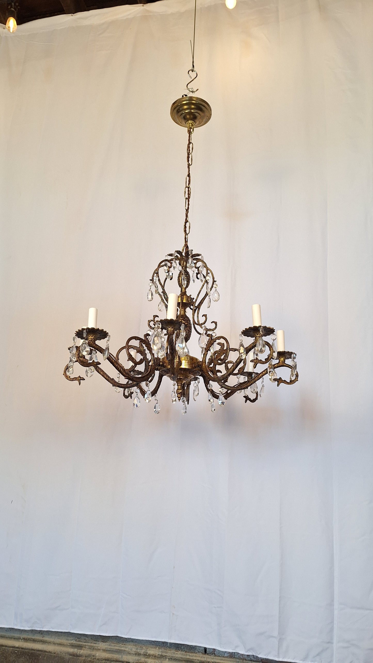 8 Arm Vintage Gold and Crystal Spanish Chandelier, Hollywood Regency Style Large Chandelier