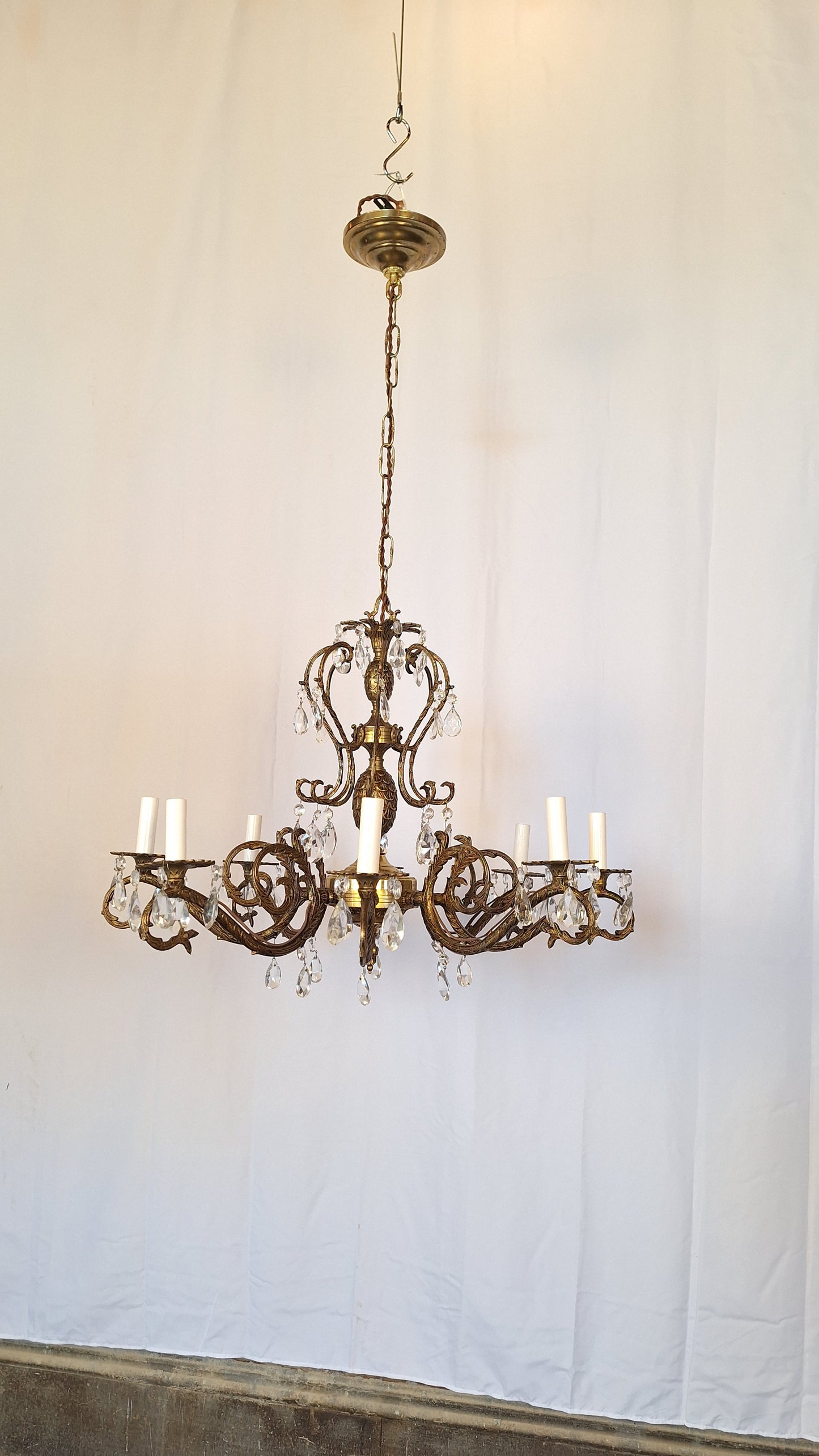8 Arm Vintage Gold and Crystal Spanish Chandelier, Hollywood Regency Style Large Chandelier