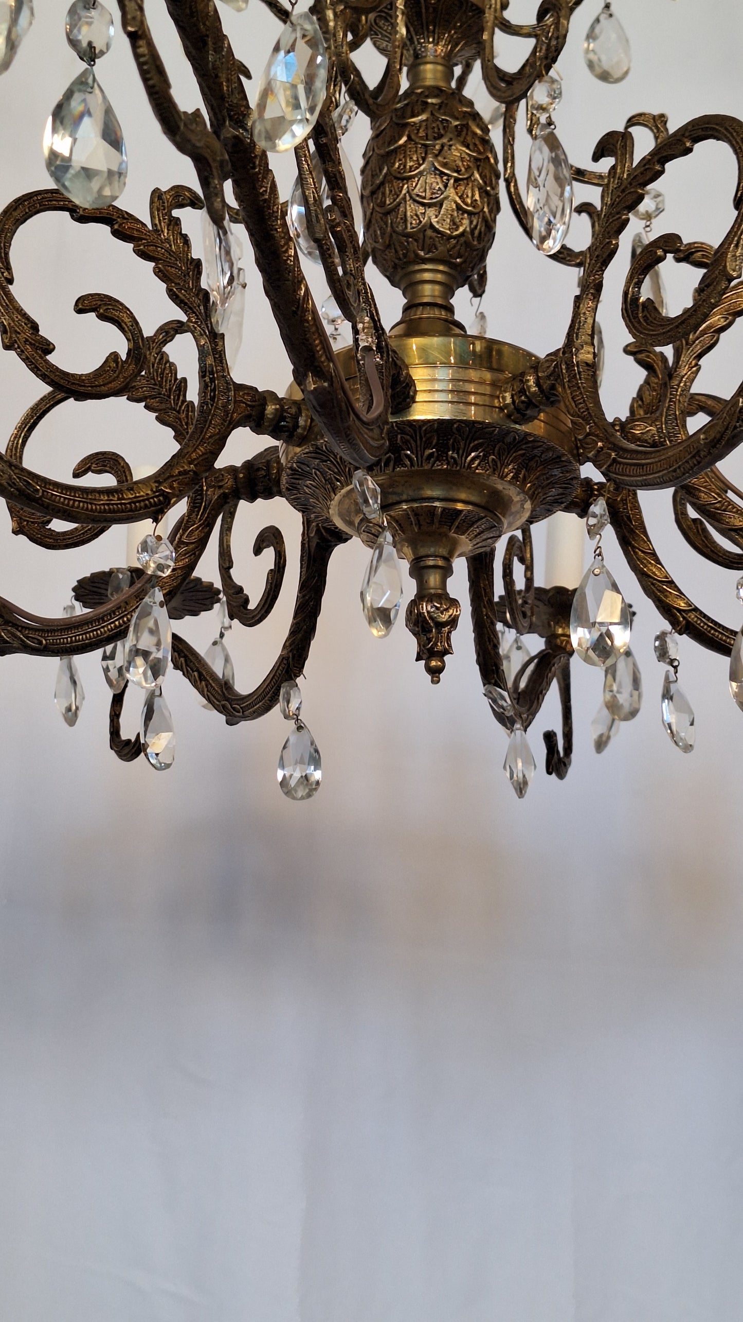 8 Arm Vintage Gold and Crystal Spanish Chandelier, Hollywood Regency Style Large Chandelier
