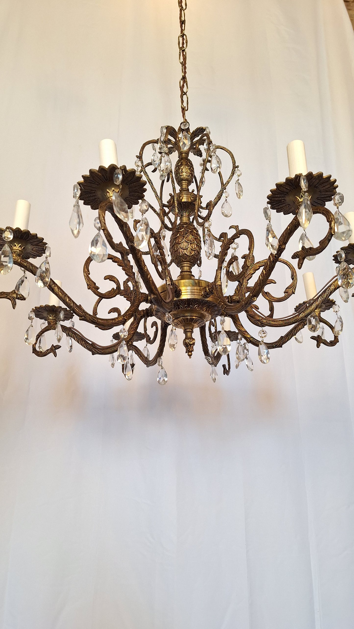 8 Arm Vintage Gold and Crystal Spanish Chandelier, Hollywood Regency Style Large Chandelier