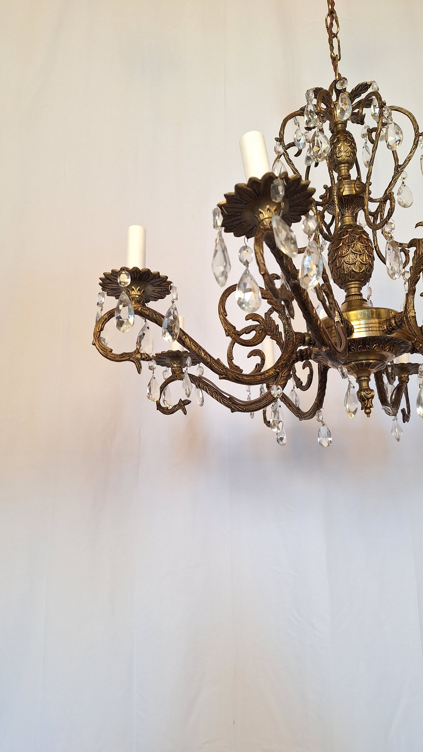 8 Arm Vintage Gold and Crystal Spanish Chandelier, Hollywood Regency Style Large Chandelier
