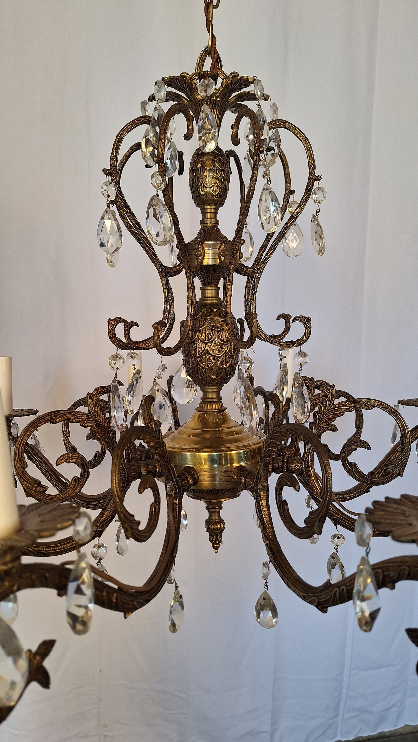8 Arm Vintage Gold and Crystal Spanish Chandelier, Hollywood Regency Style Large Chandelier
