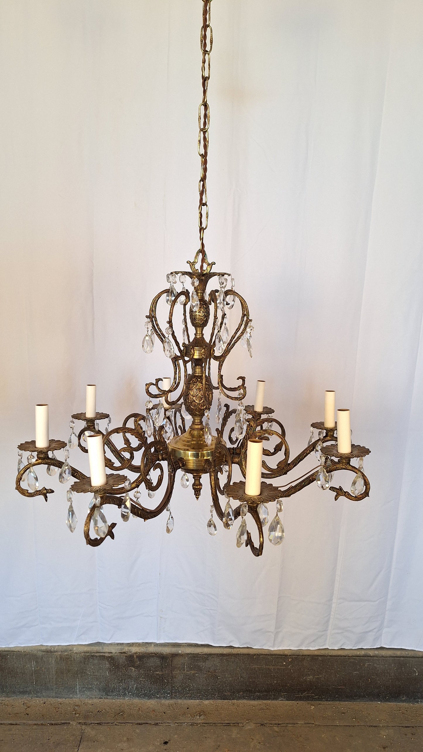 8 Arm Vintage Gold and Crystal Spanish Chandelier, Hollywood Regency Style Large Chandelier