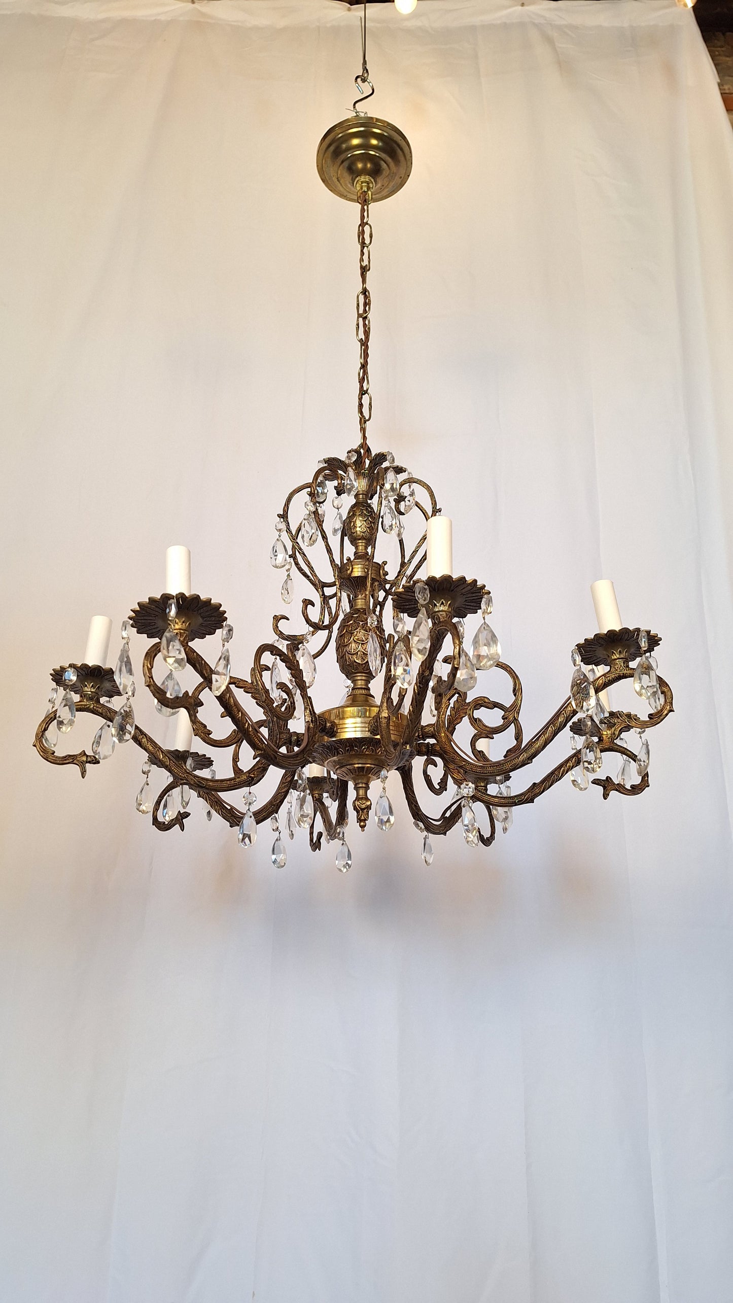 8 Arm Vintage Gold and Crystal Spanish Chandelier, Hollywood Regency Style Large Chandelier