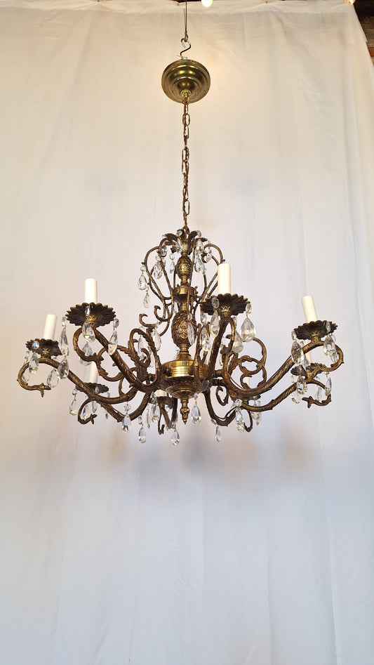 8 Arm Vintage Gold and Crystal Spanish Chandelier, Hollywood Regency Style Large Chandelier