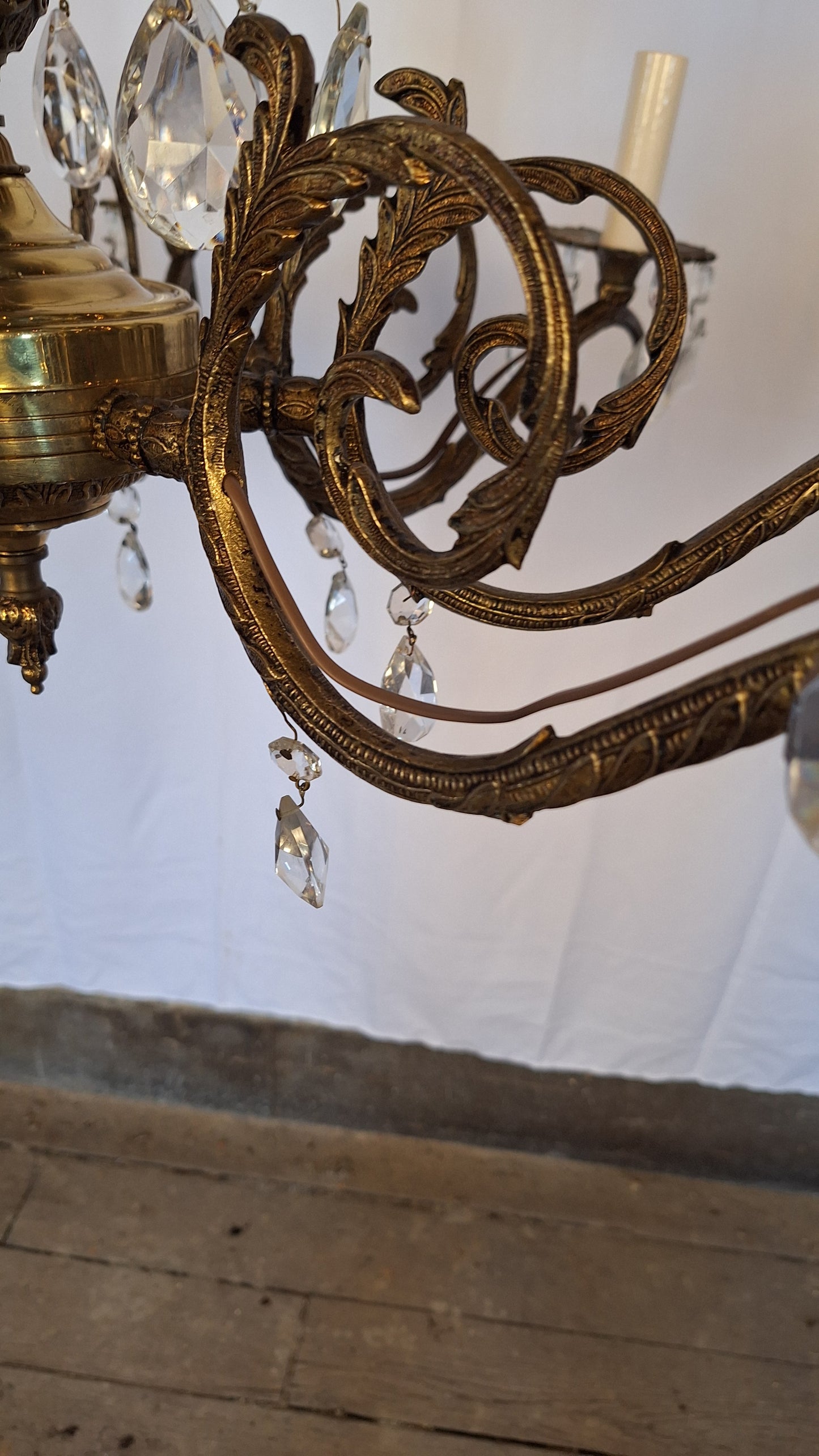 8 Arm Vintage Gold and Crystal Spanish Chandelier, Hollywood Regency Style Large Chandelier