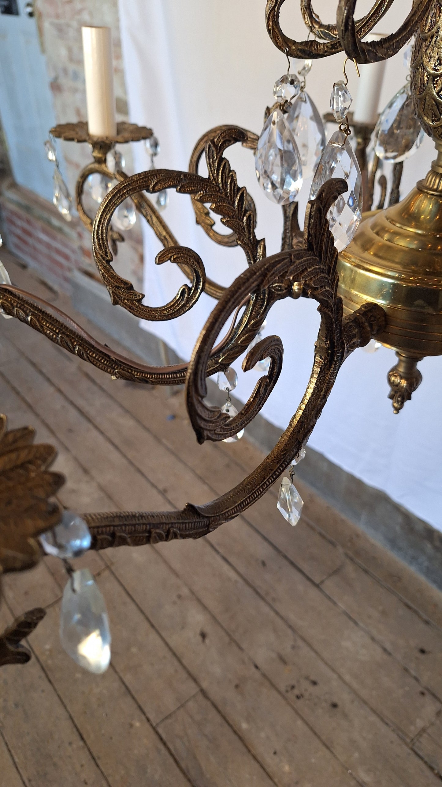 8 Arm Vintage Gold and Crystal Spanish Chandelier, Hollywood Regency Style Large Chandelier