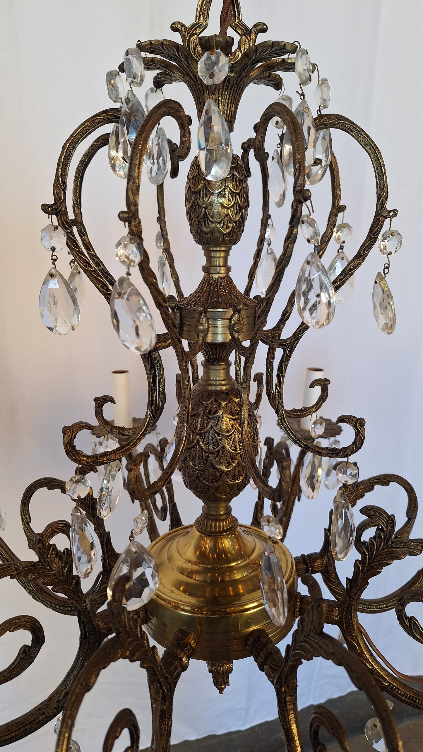 8 Arm Vintage Gold and Crystal Spanish Chandelier, Hollywood Regency Style Large Chandelier