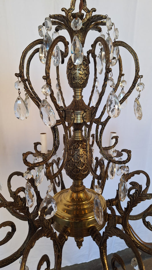 8 Arm Vintage Gold and Crystal Spanish Chandelier, Hollywood Regency Style Large Chandelier
