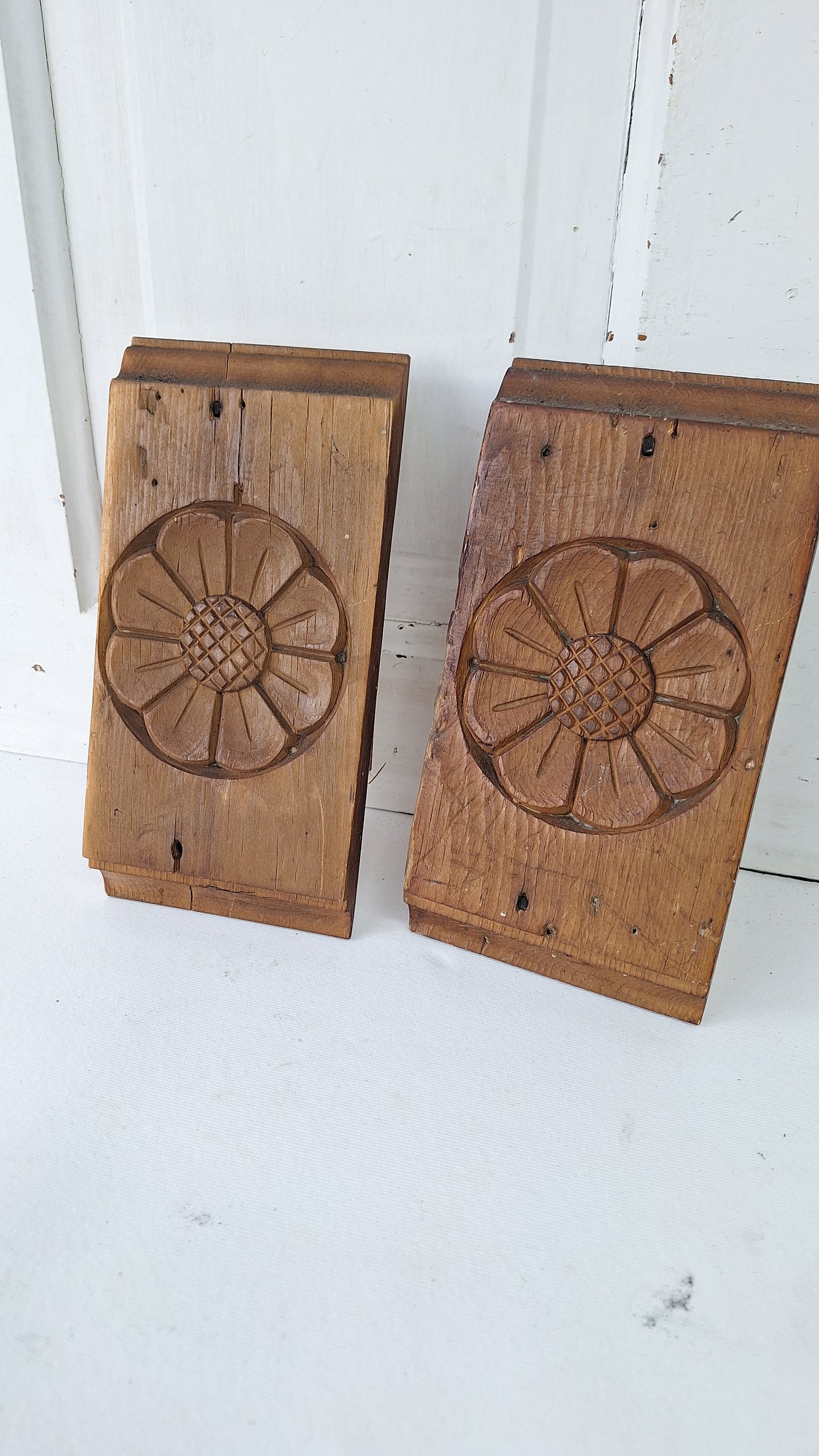 Pair of Carved Flower Plinth Blocks, Salvaged Wood Base Trim Moldings