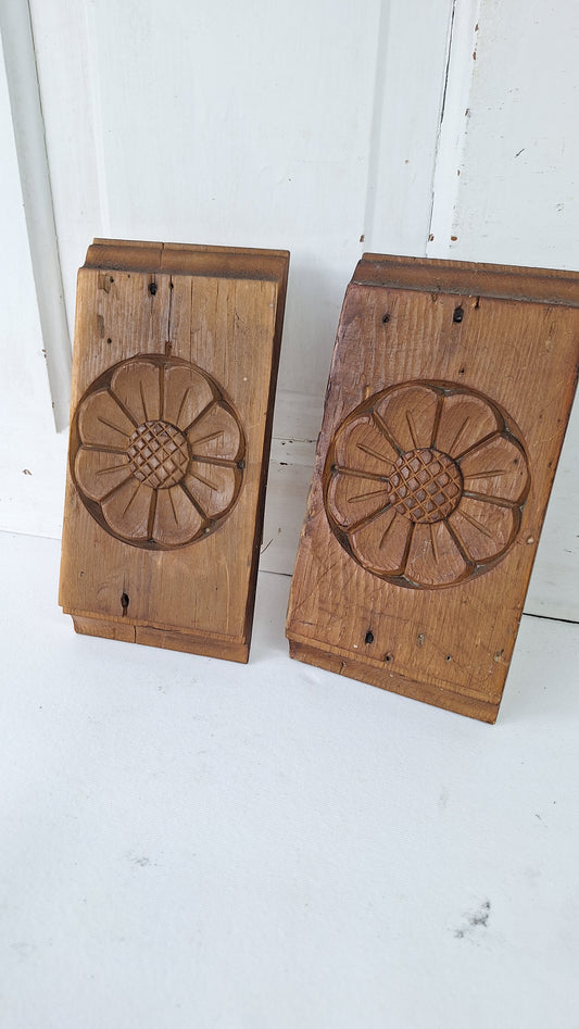 Pair of Carved Flower Plinth Blocks, Salvaged Wood Base Trim Moldings