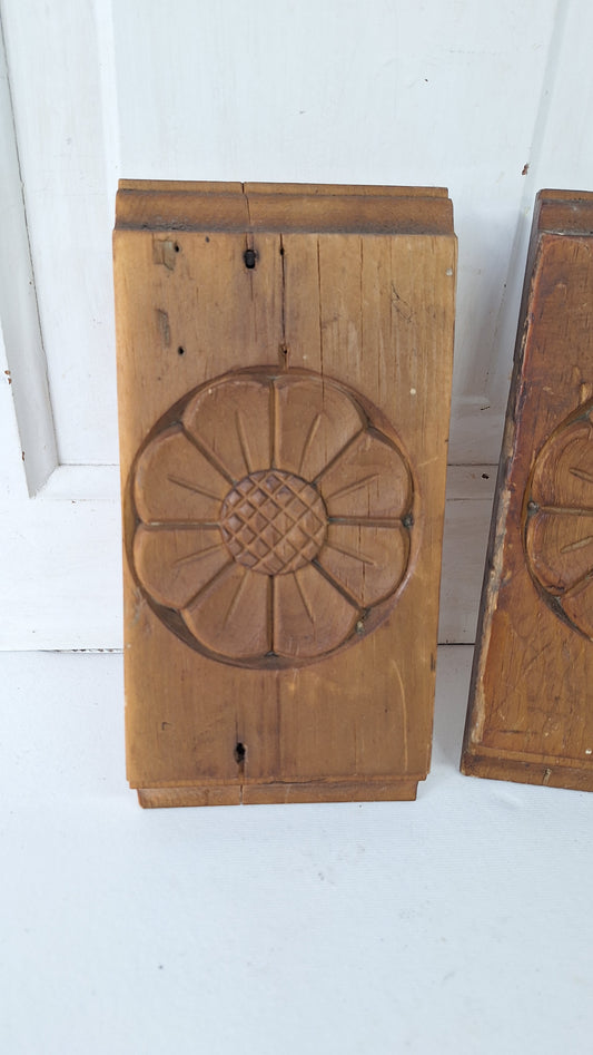 Pair of Carved Flower Plinth Blocks, Salvaged Wood Base Trim Moldings