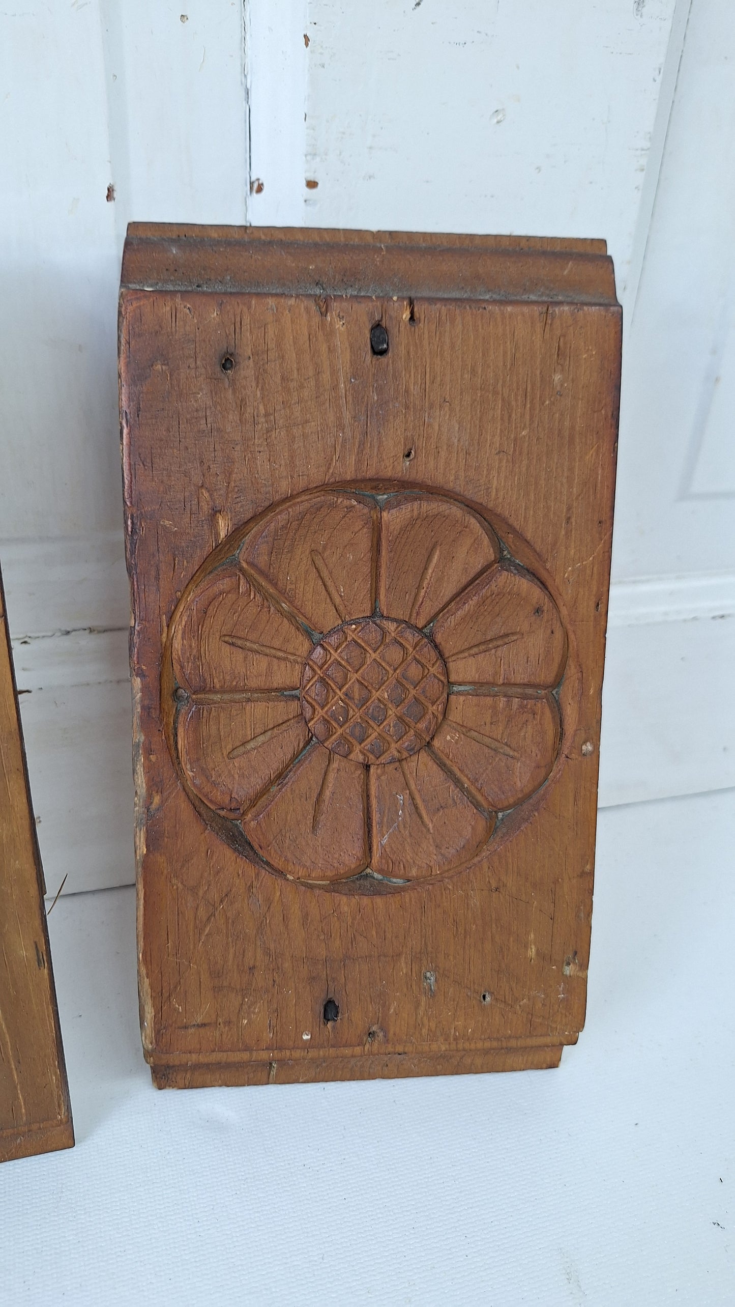 Pair of Carved Flower Plinth Blocks, Salvaged Wood Base Trim Moldings