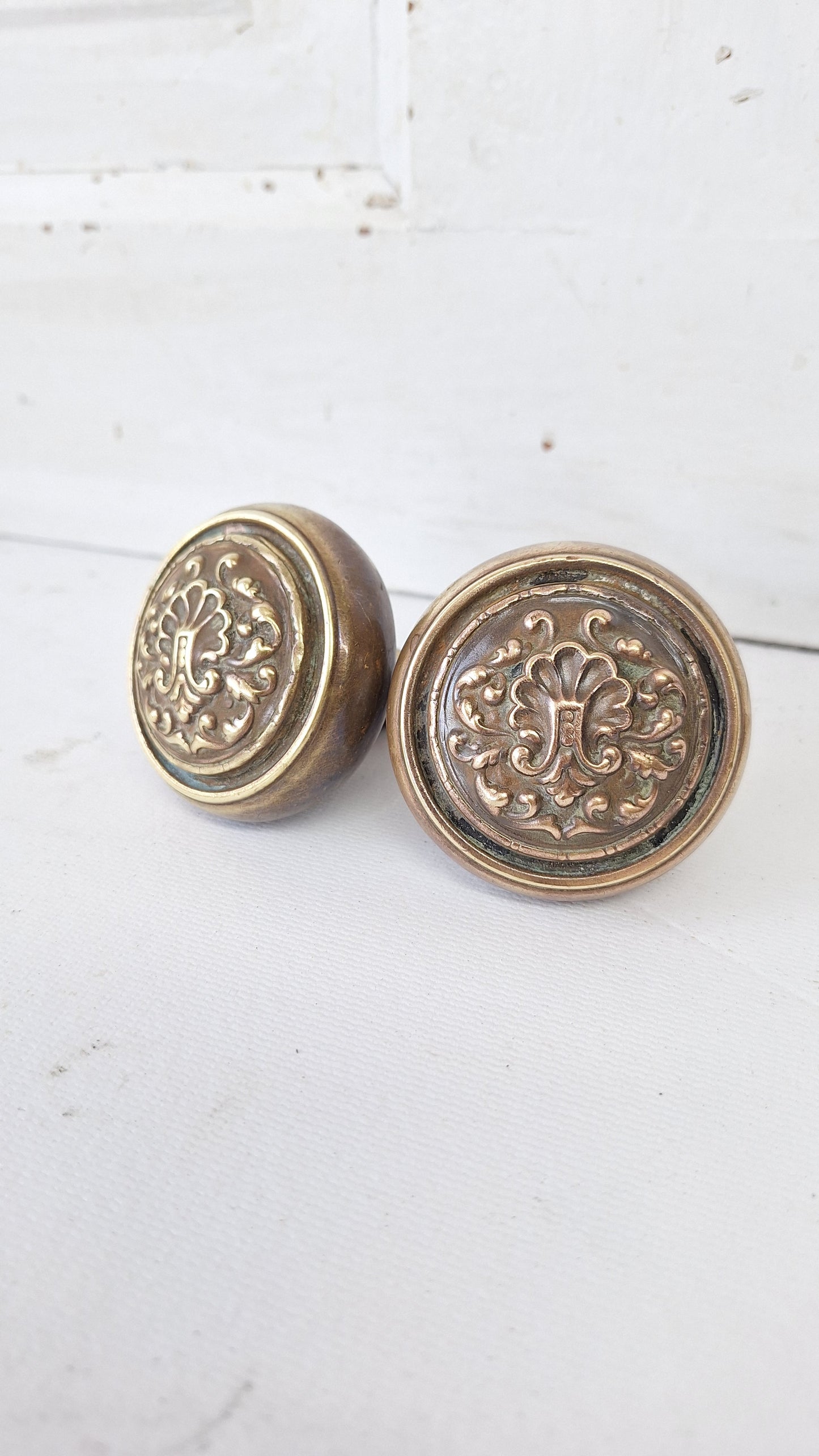 Pair of Stamped Bronze Fenmore Pattern Knobs, Antique Shell Design Doorknobs by Reading