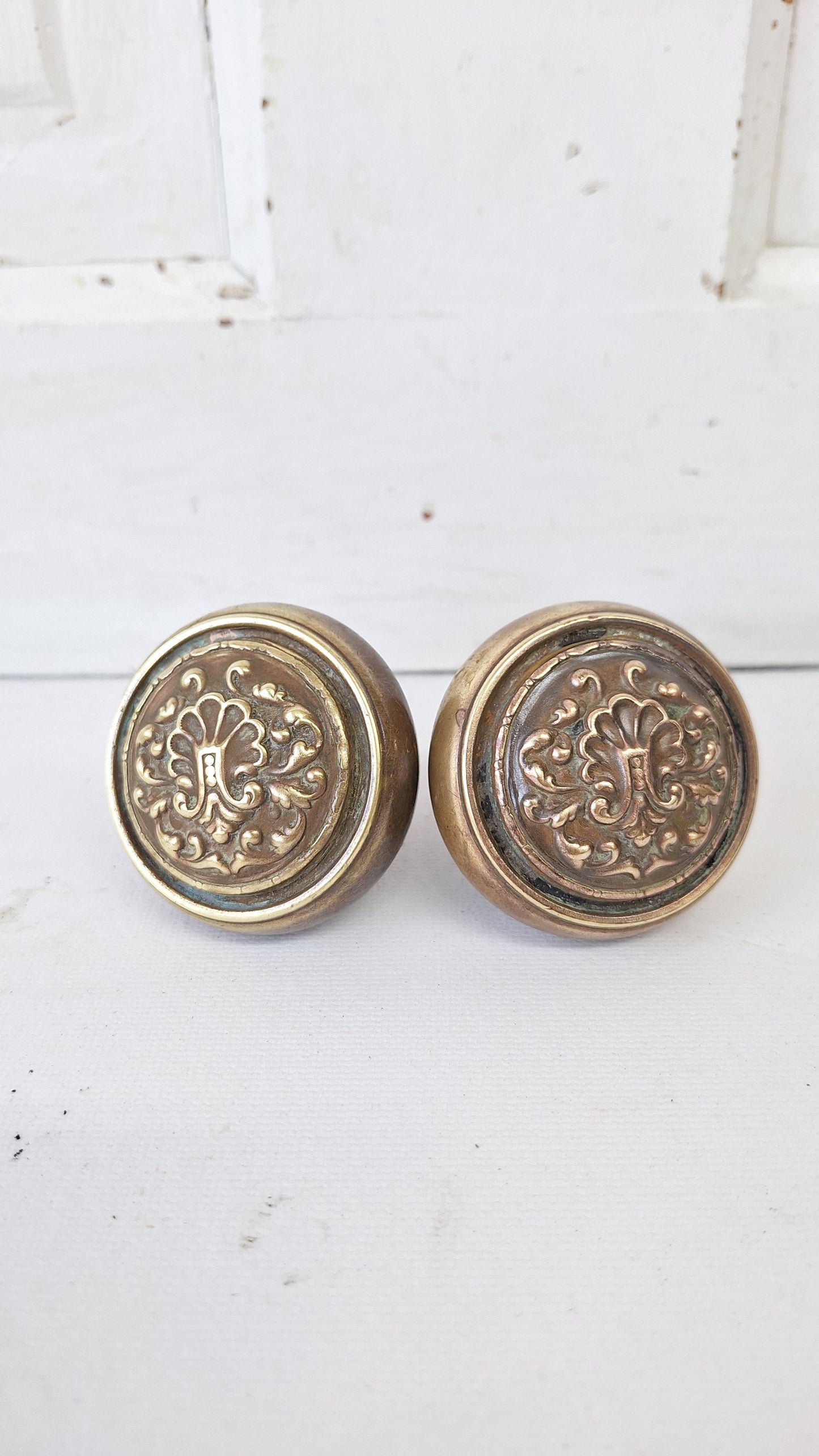 Pair of Stamped Bronze Fenmore Pattern Knobs, Antique Shell Design Doorknobs by Reading