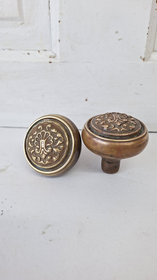 Pair of Stamped Bronze Fenmore Pattern Knobs, Antique Shell Design Doorknobs by Reading