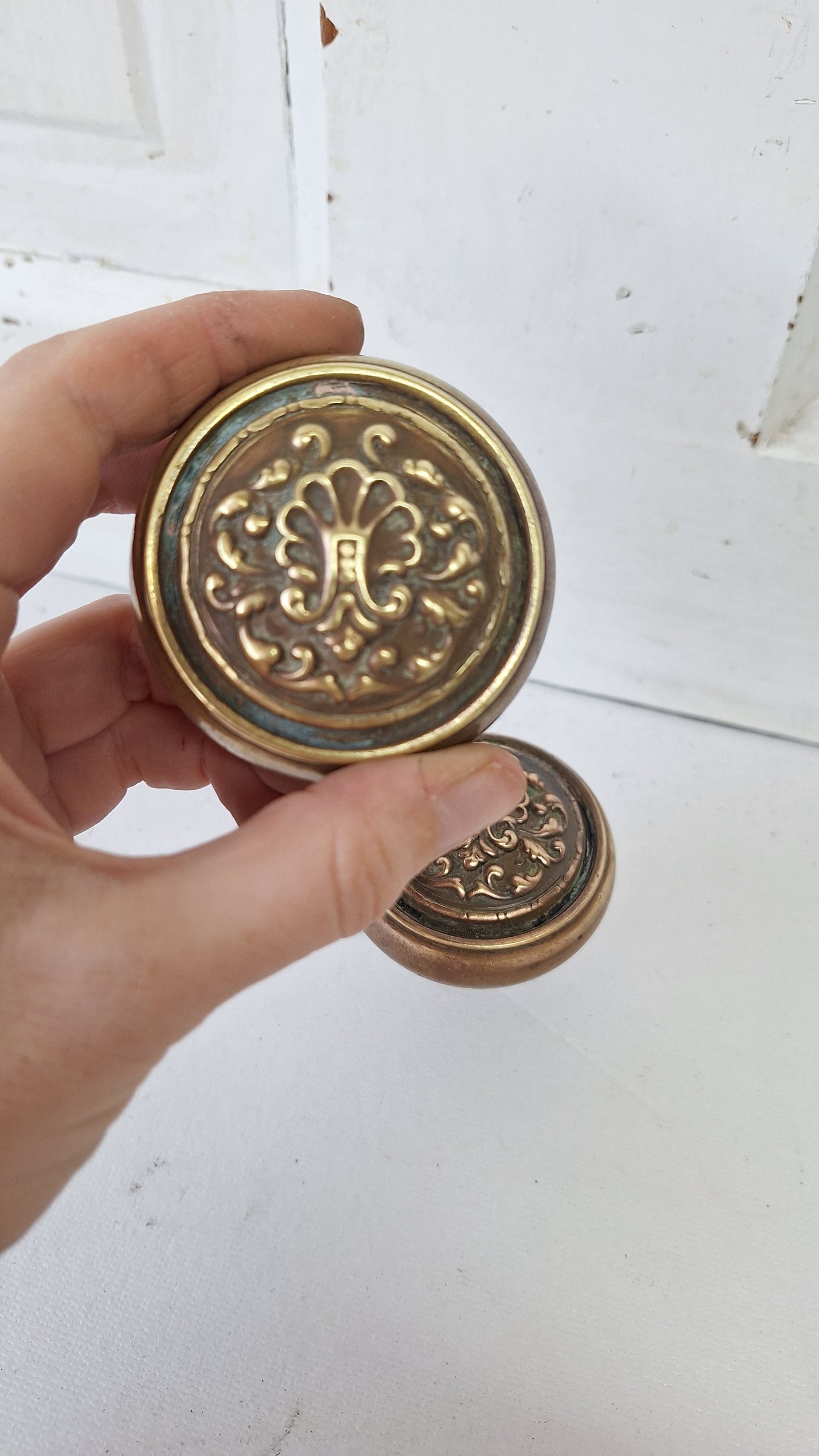 Pair of Stamped Bronze Fenmore Pattern Knobs, Antique Shell Design Doorknobs by Reading