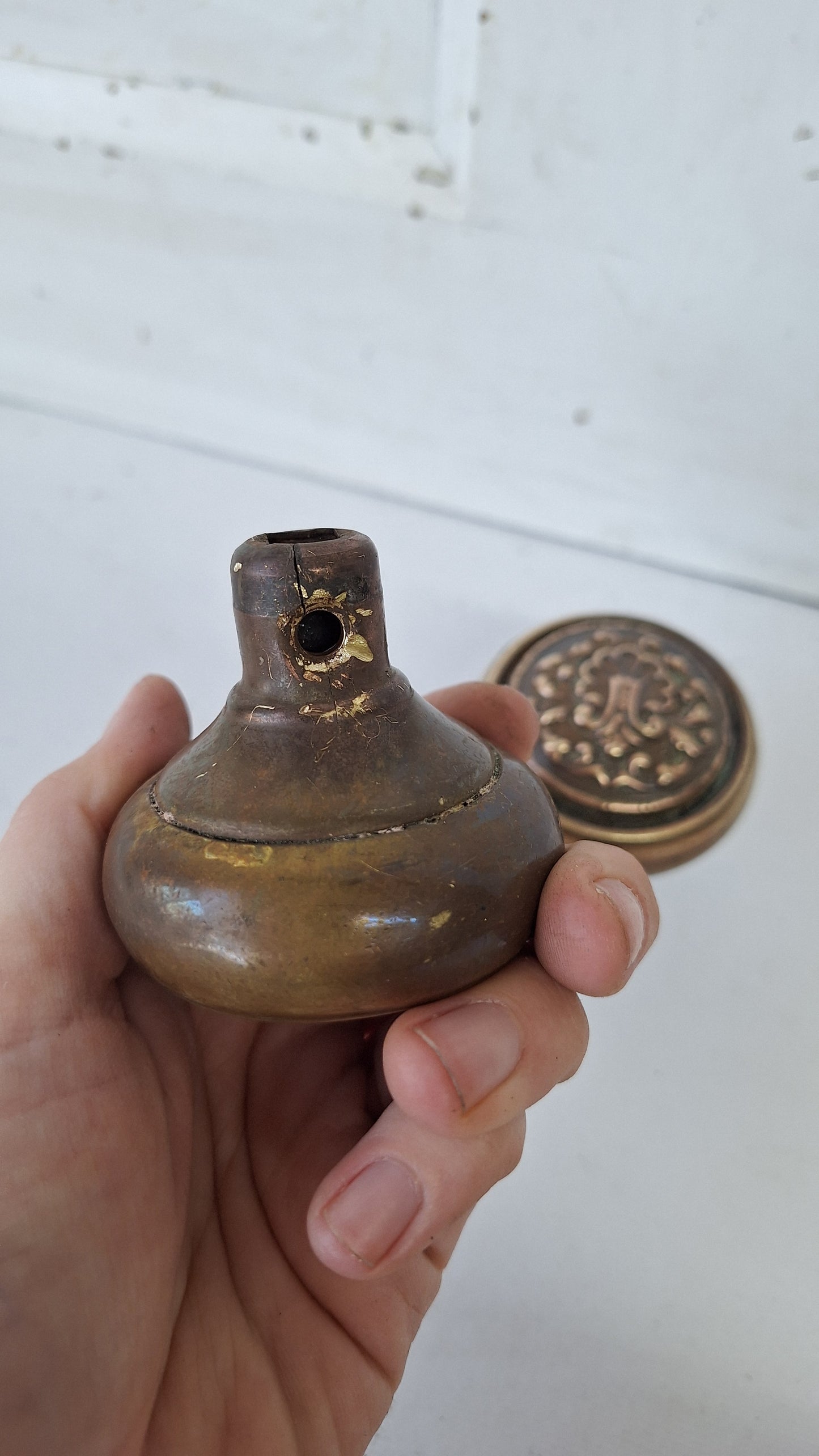 Pair of Stamped Bronze Fenmore Pattern Knobs, Antique Shell Design Doorknobs by Reading