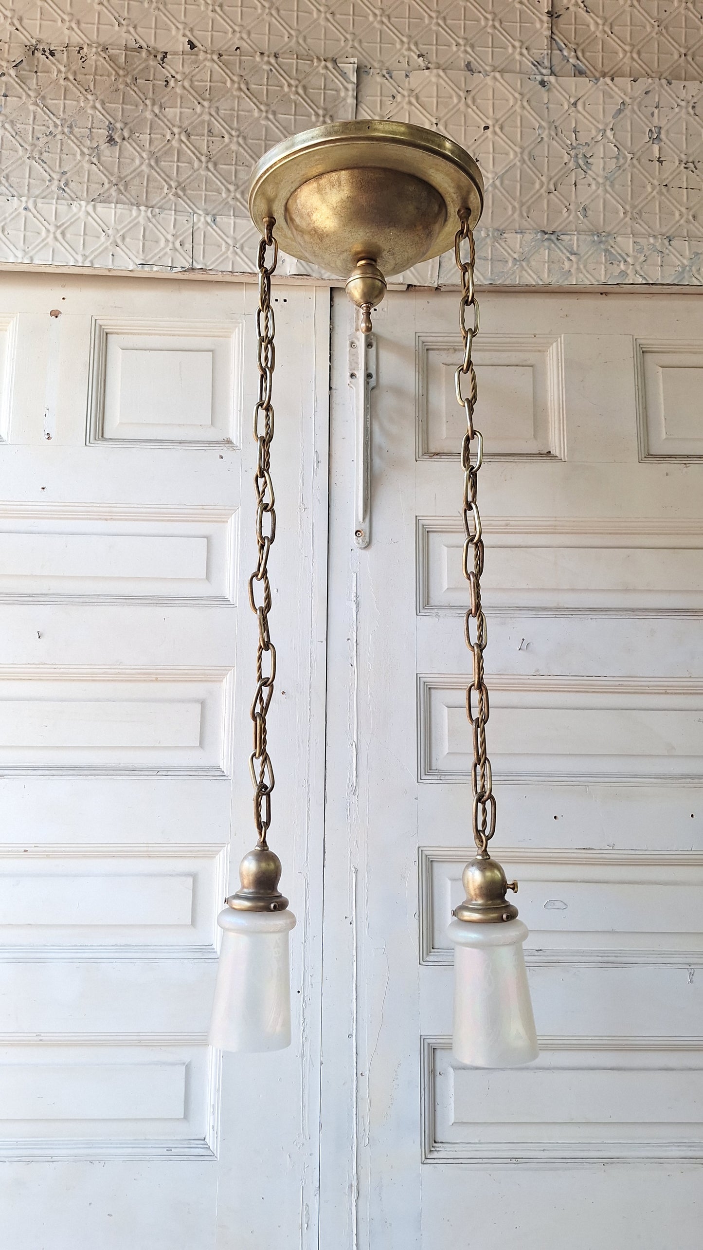 Antique Double Pendant Light, Chandelier with Irridescent Shades