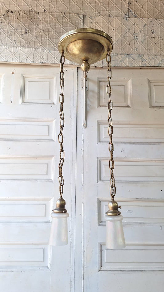 Antique Double Pendant Light, Chandelier with Irridescent Shades
