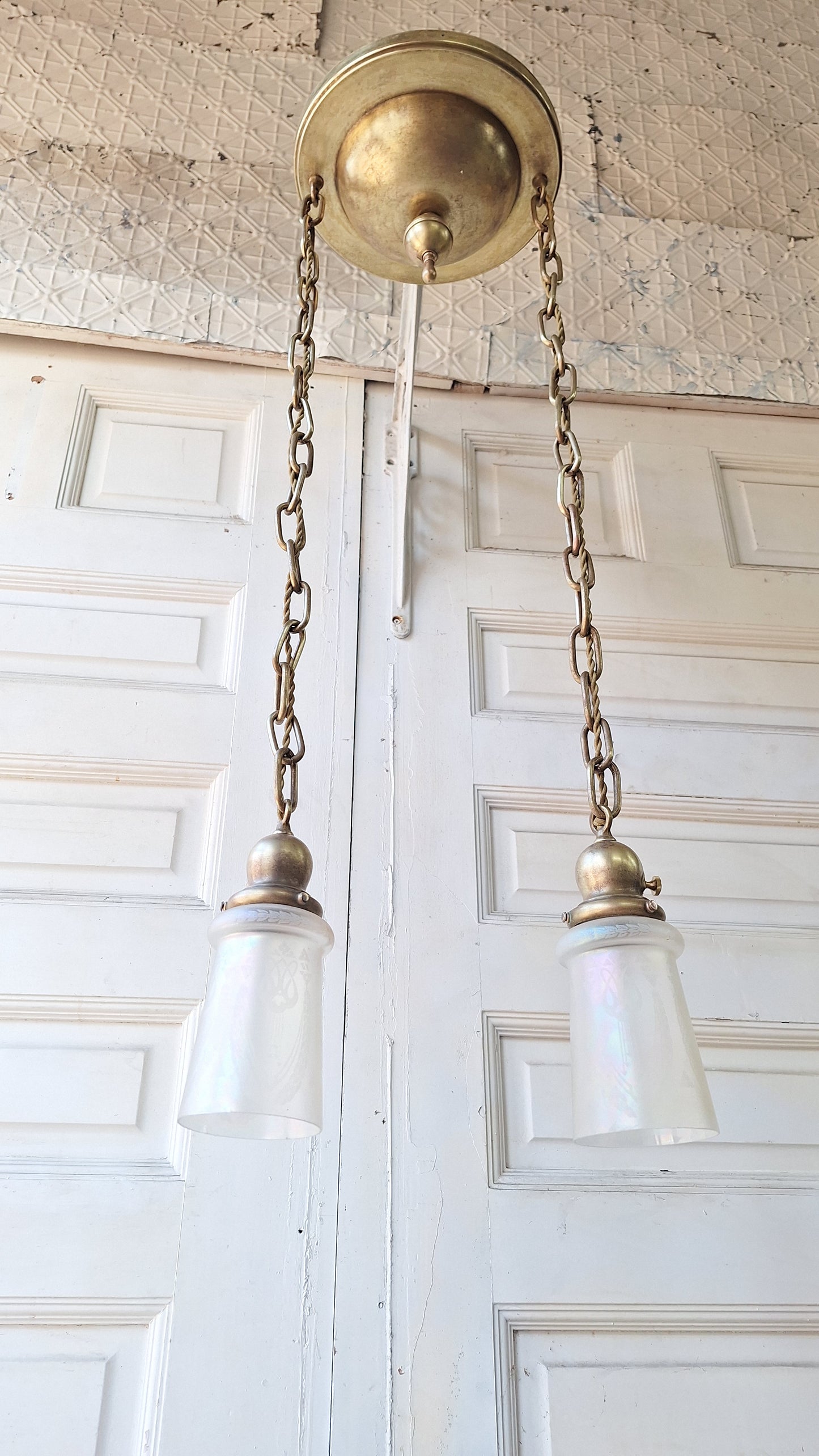 Antique Double Pendant Light, Chandelier with Irridescent Shades