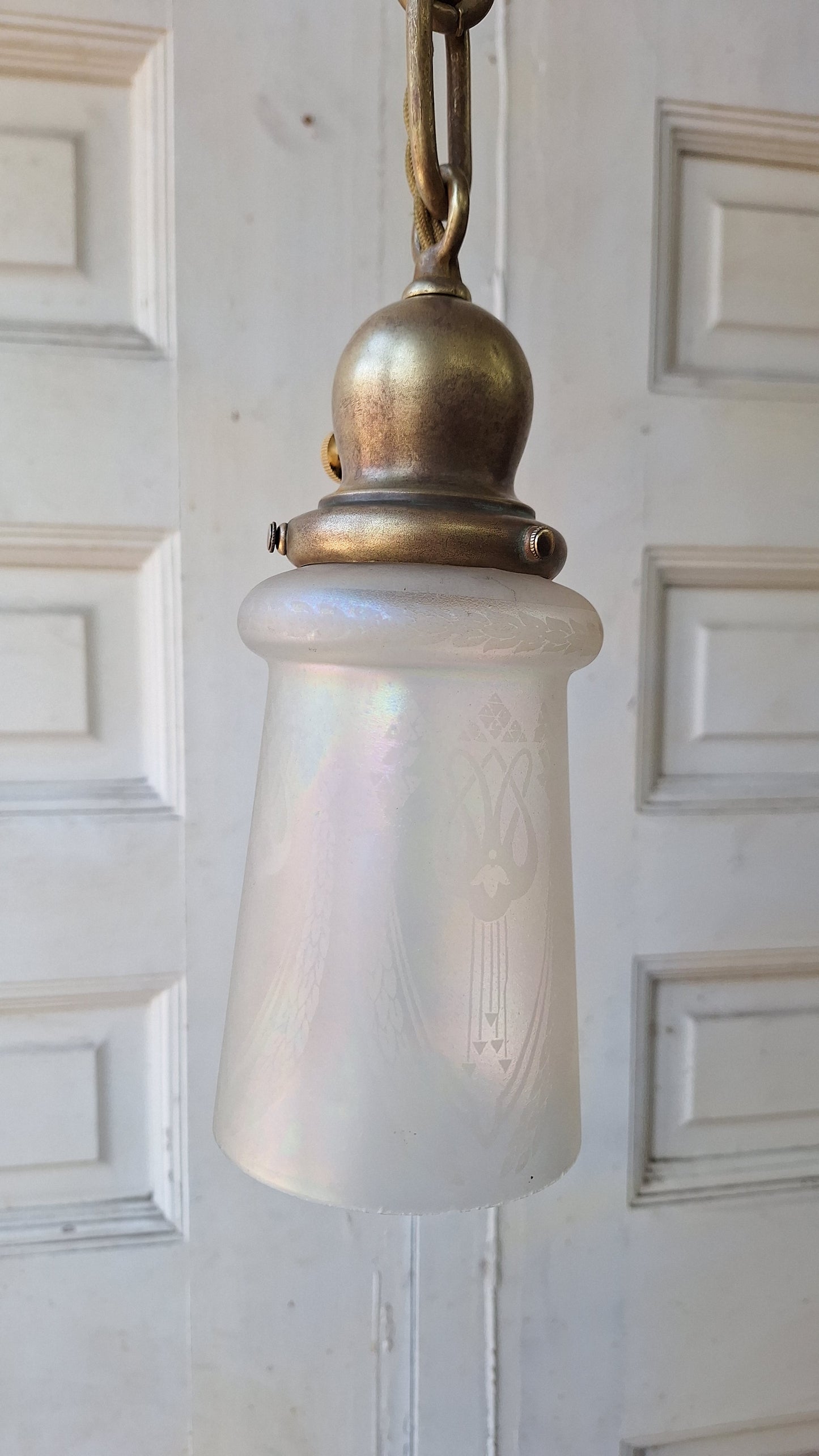 Antique Double Pendant Light, Chandelier with Irridescent Shades