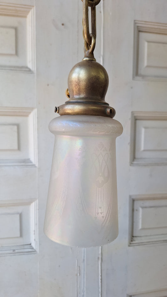 Antique Double Pendant Light, Chandelier with Irridescent Shades