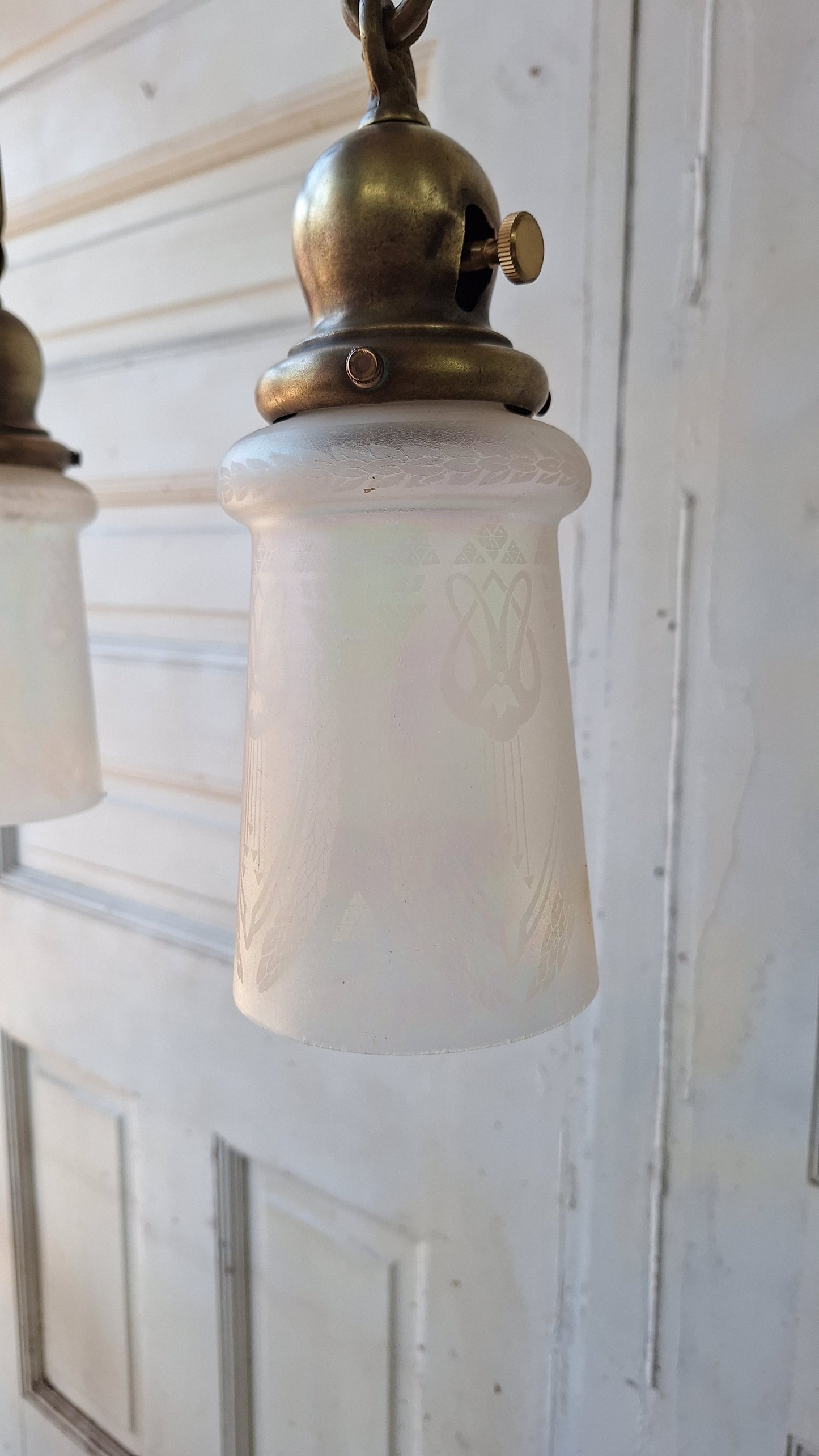 Antique Double Pendant Light, Chandelier with Irridescent Shades