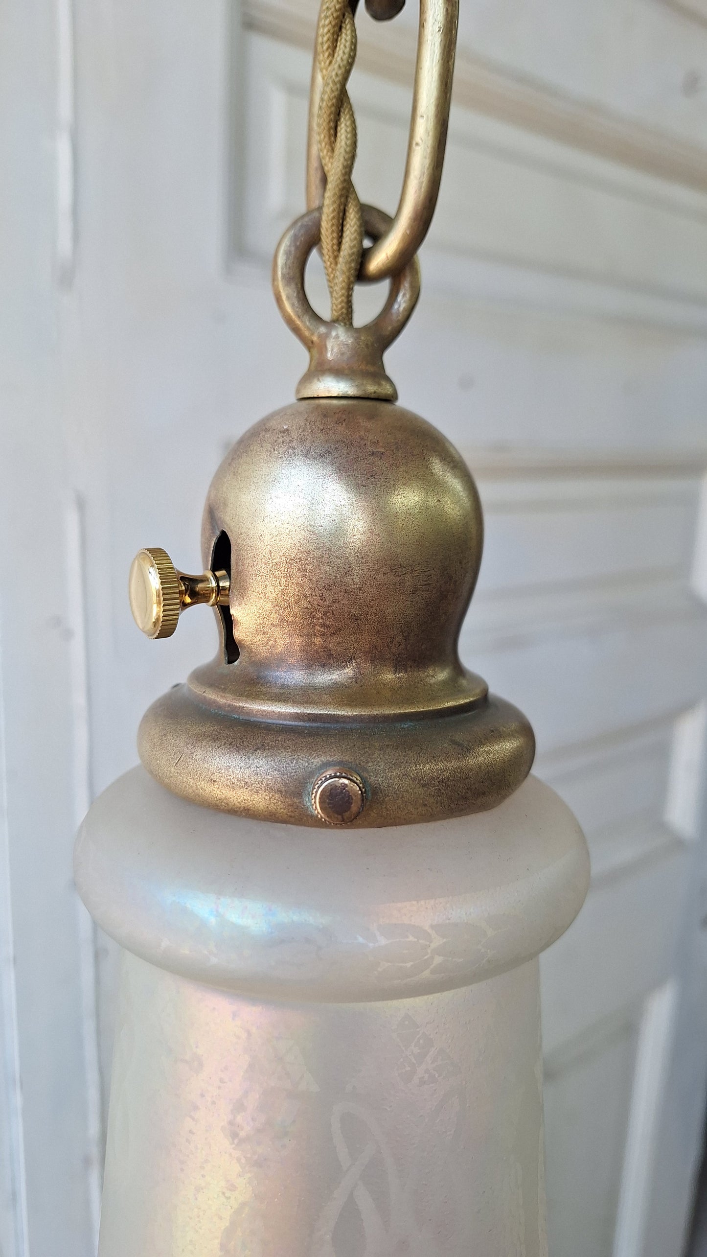 Antique Double Pendant Light, Chandelier with Irridescent Shades