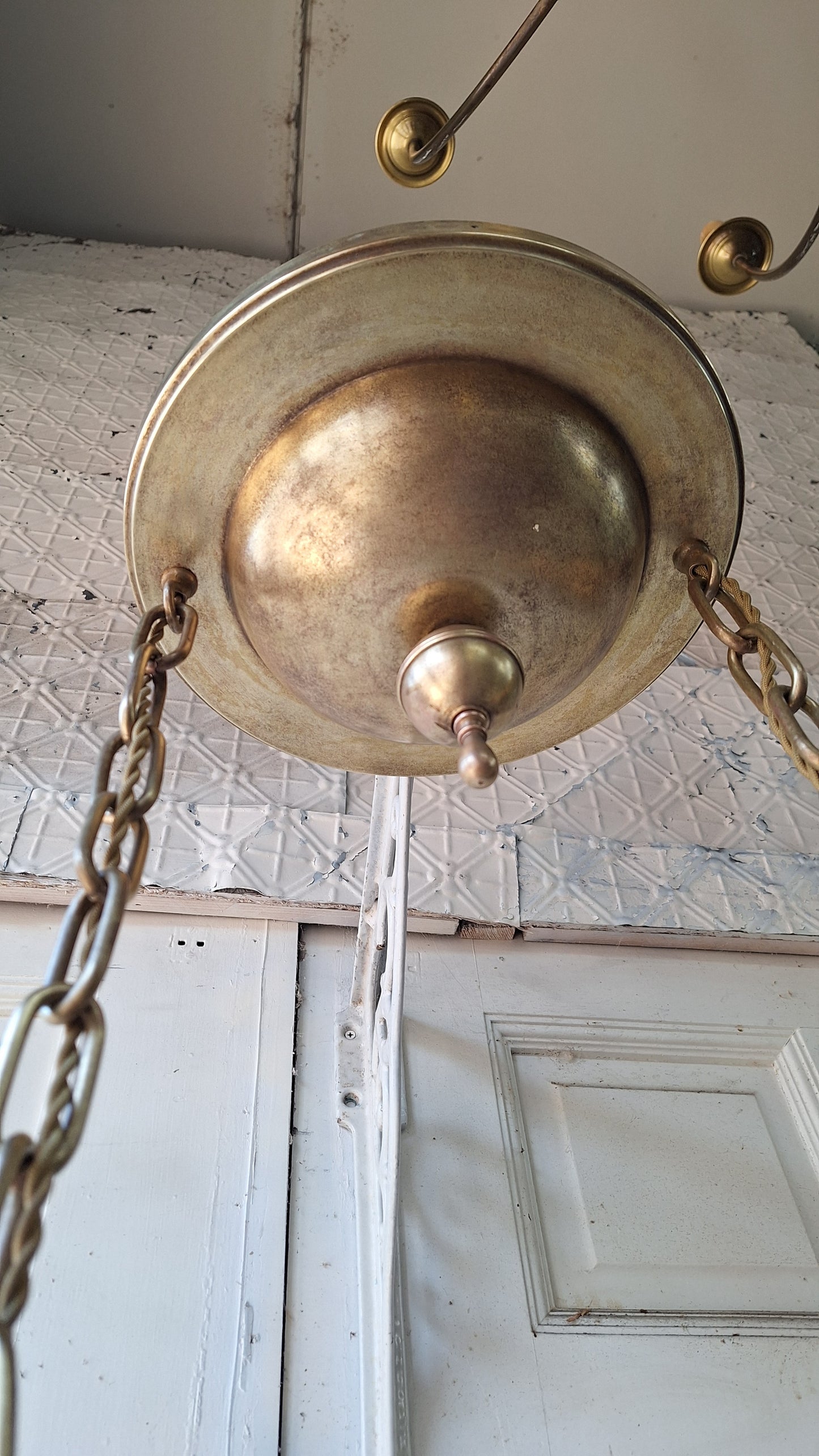 Antique Double Pendant Light, Chandelier with Irridescent Shades