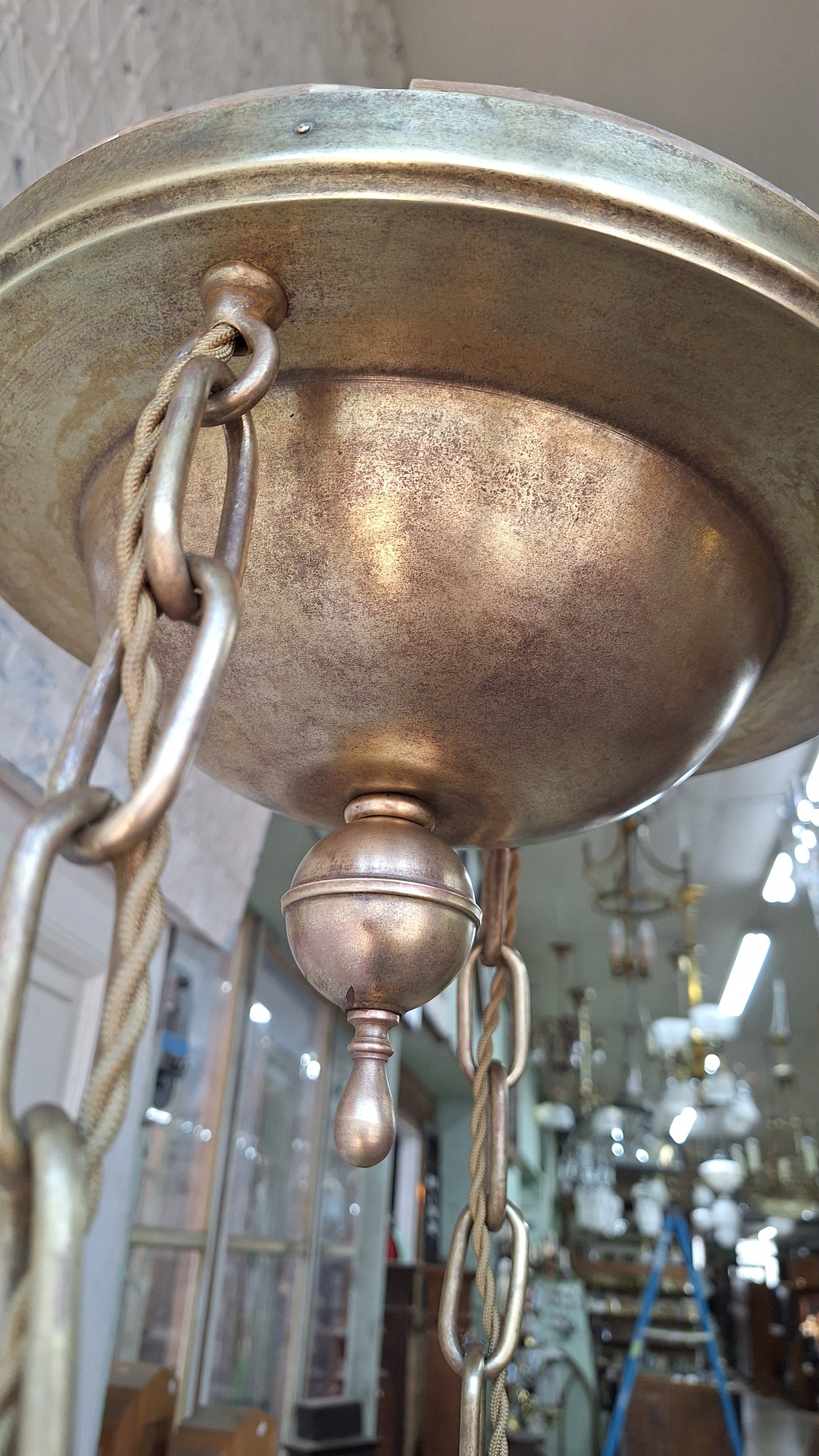Antique Double Pendant Light, Chandelier with Irridescent Shades