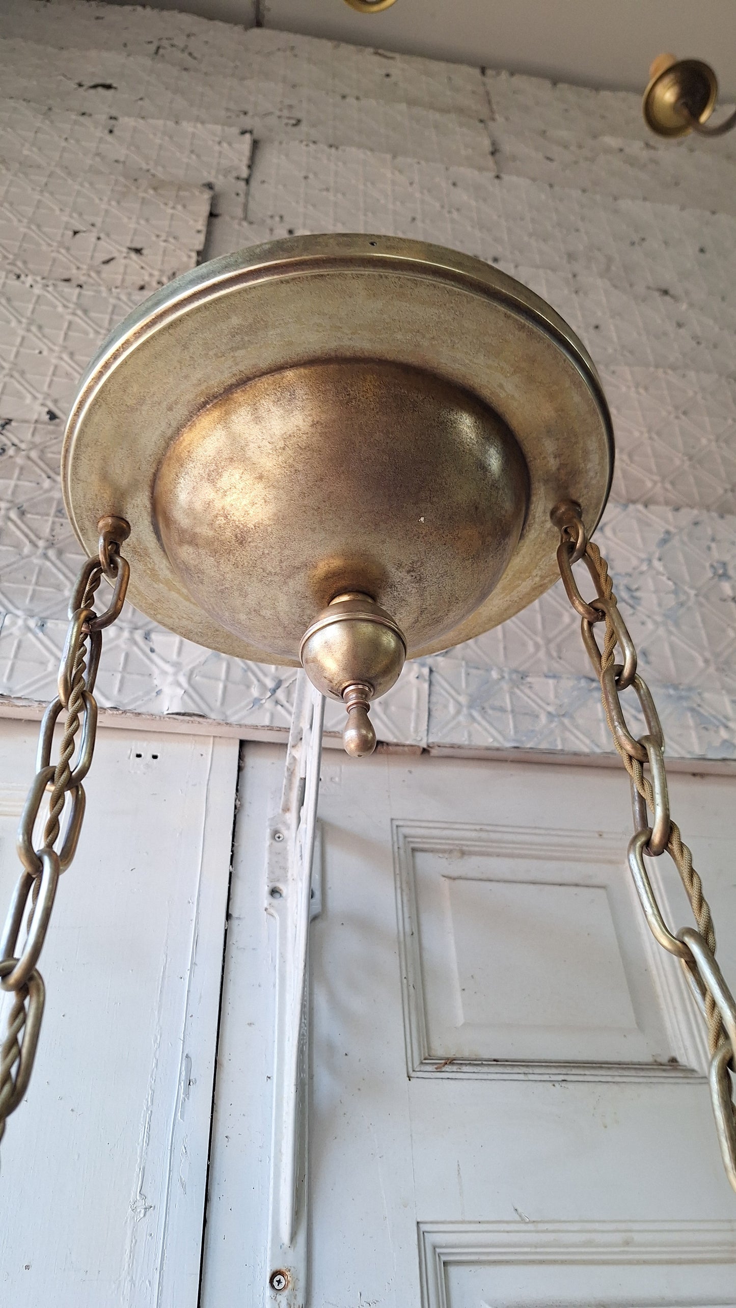 Antique Double Pendant Light, Chandelier with Irridescent Shades