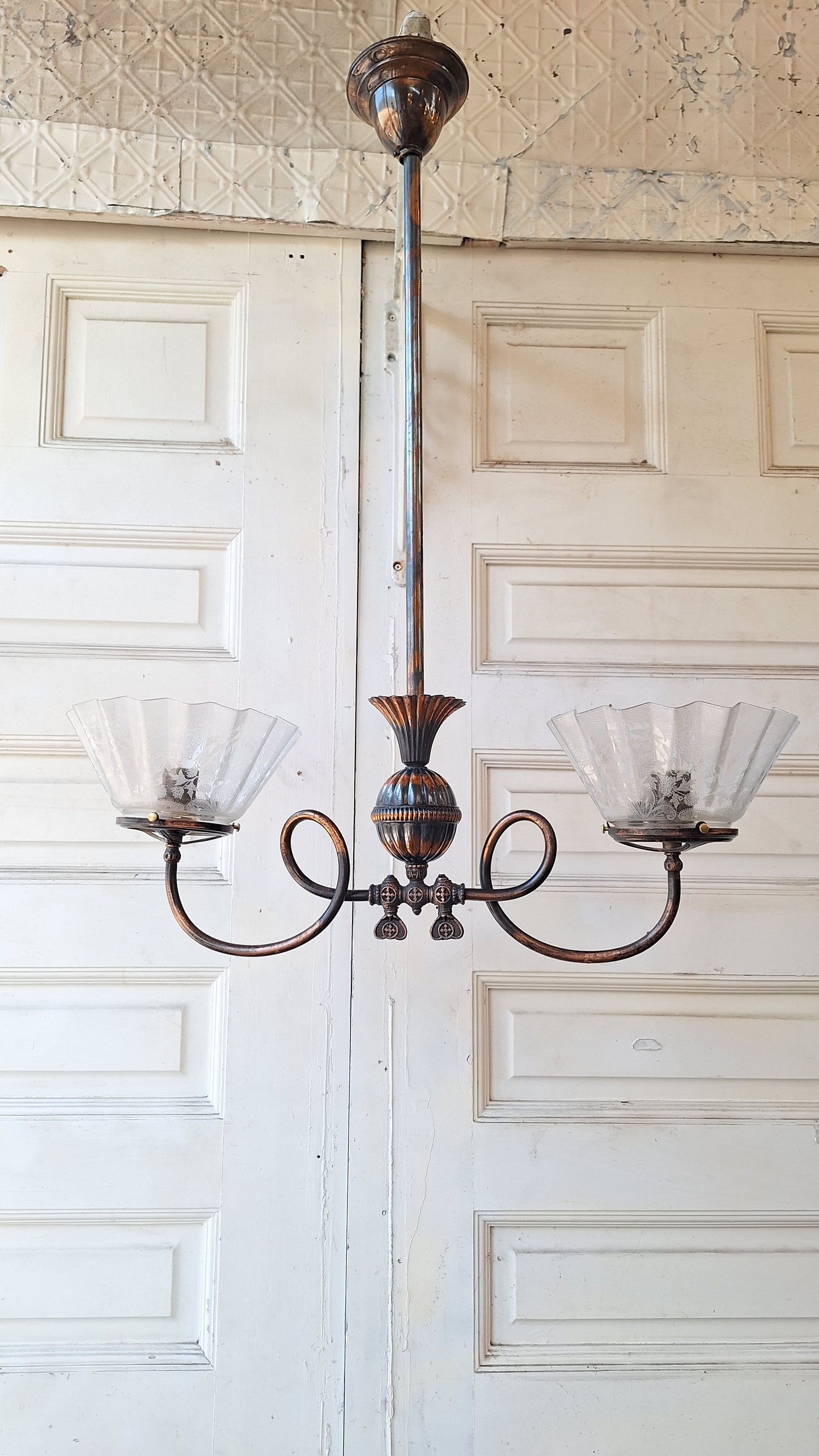 Looped Arm Brass Chandelier with Ruffled Glass Shades, Antique Ceiling Light from Victorian Home