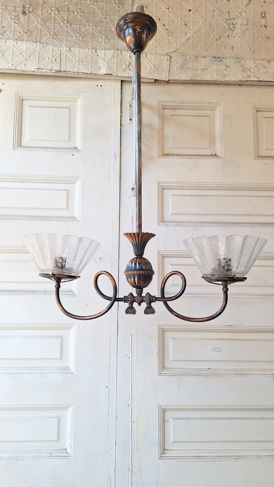 Looped Arm Brass Chandelier with Ruffled Glass Shades, Antique Ceiling Light from Victorian Home