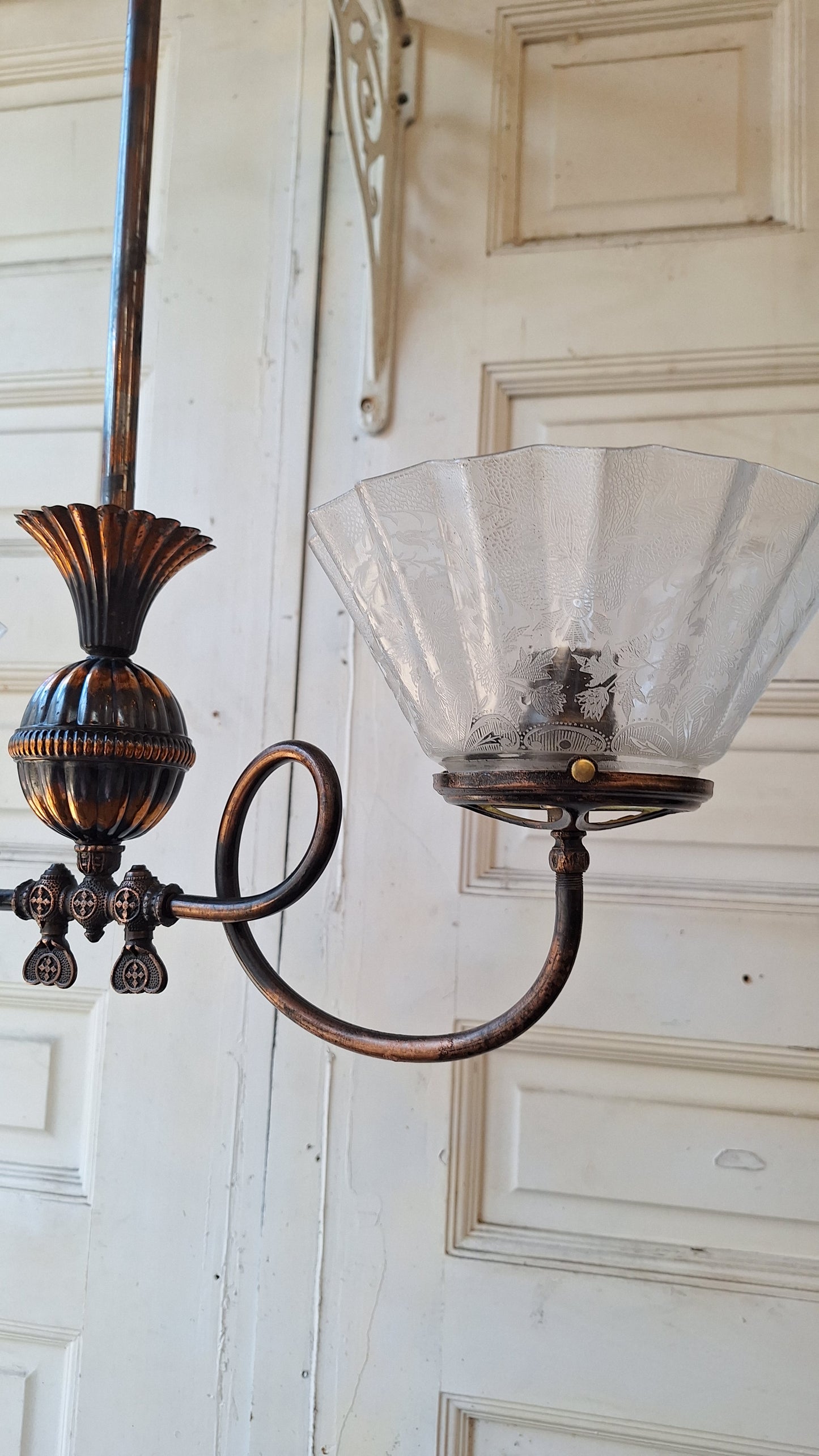 Looped Arm Brass Chandelier with Ruffled Glass Shades, Antique Ceiling Light from Victorian Home