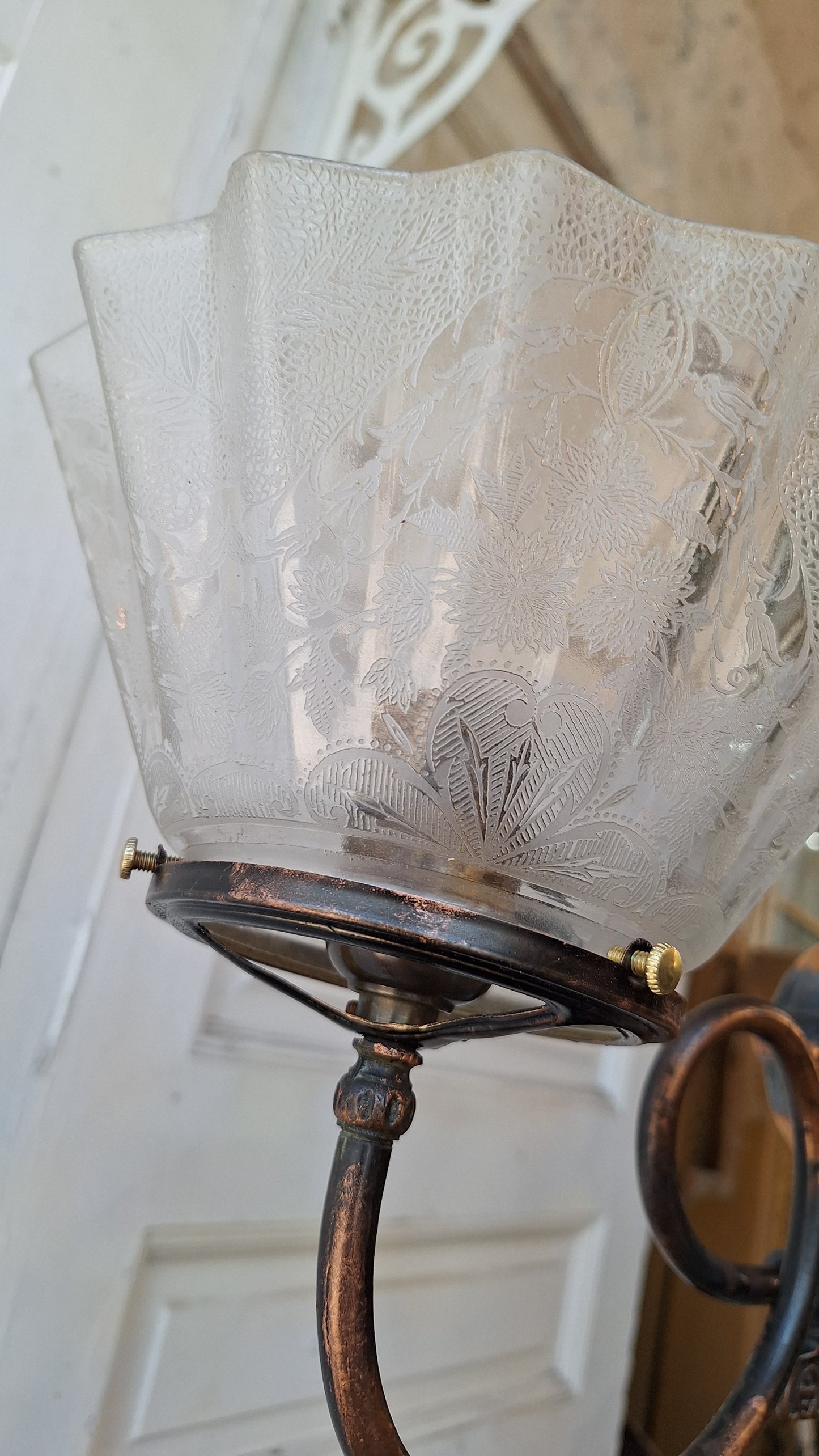 Looped Arm Brass Chandelier with Ruffled Glass Shades, Antique Ceiling Light from Victorian Home